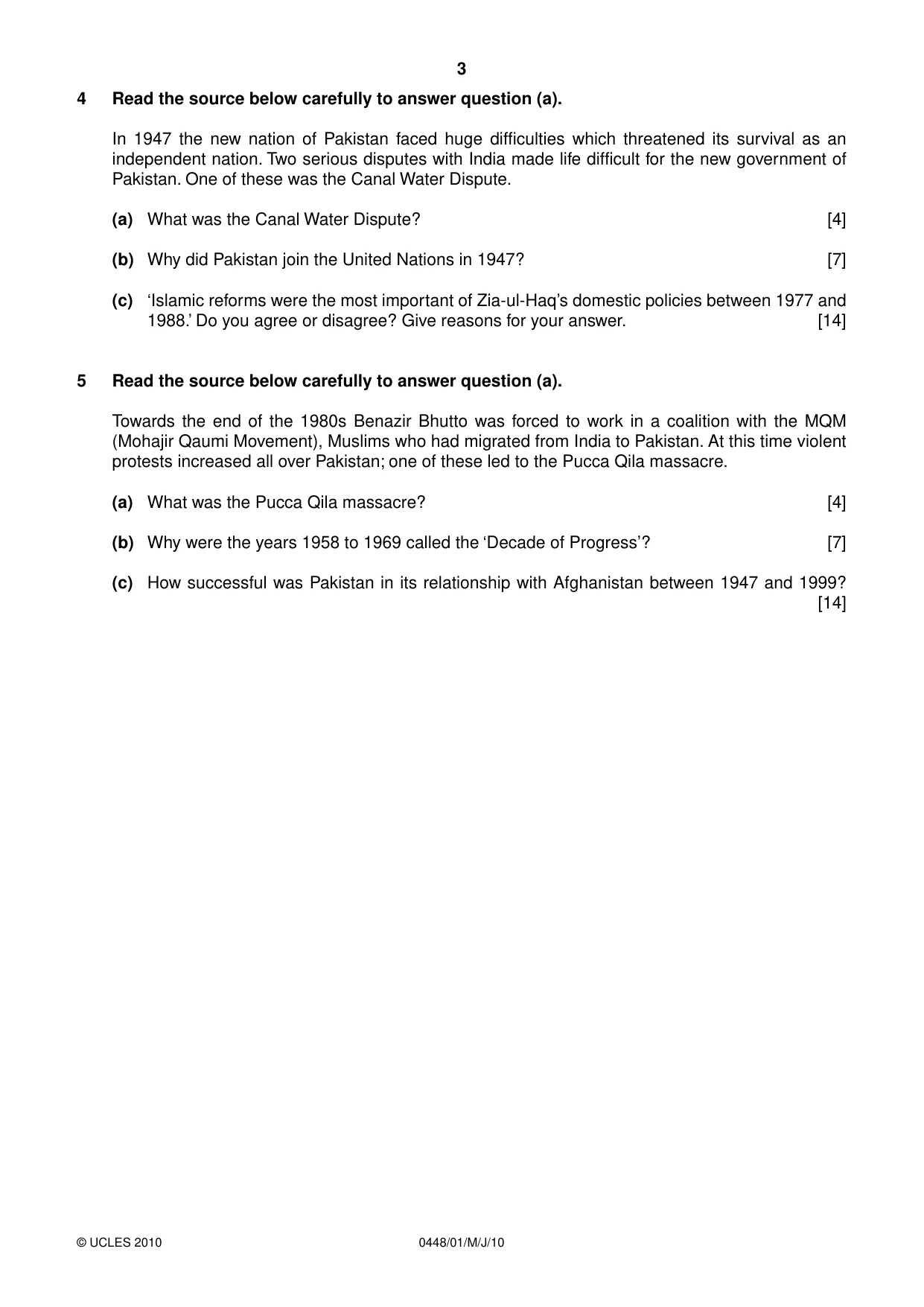 Cambridge IGCSE Pakistan Studies 0448 2010 May/June Paper 1 · Variant 1 question paper, page 3 of 4