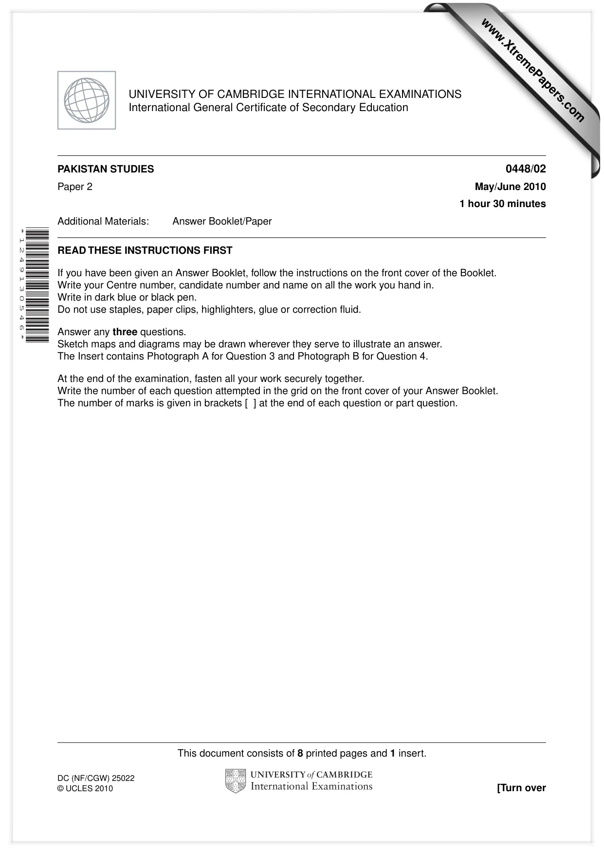 Cambridge IGCSE Pakistan Studies 0448 2010 May/June Paper 2 · Variant 1 question paper, page 1 of 8