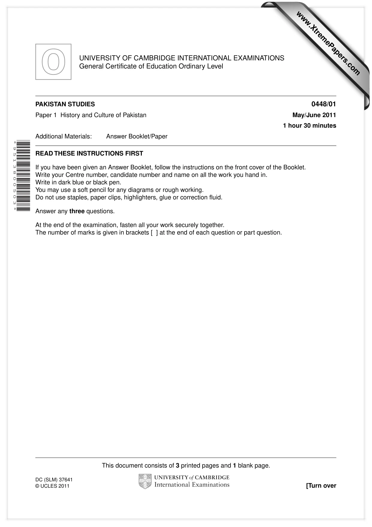 Cambridge IGCSE Pakistan Studies 0448 2011 May/June Paper 1 · Variant 1 question paper, page 1 of 4