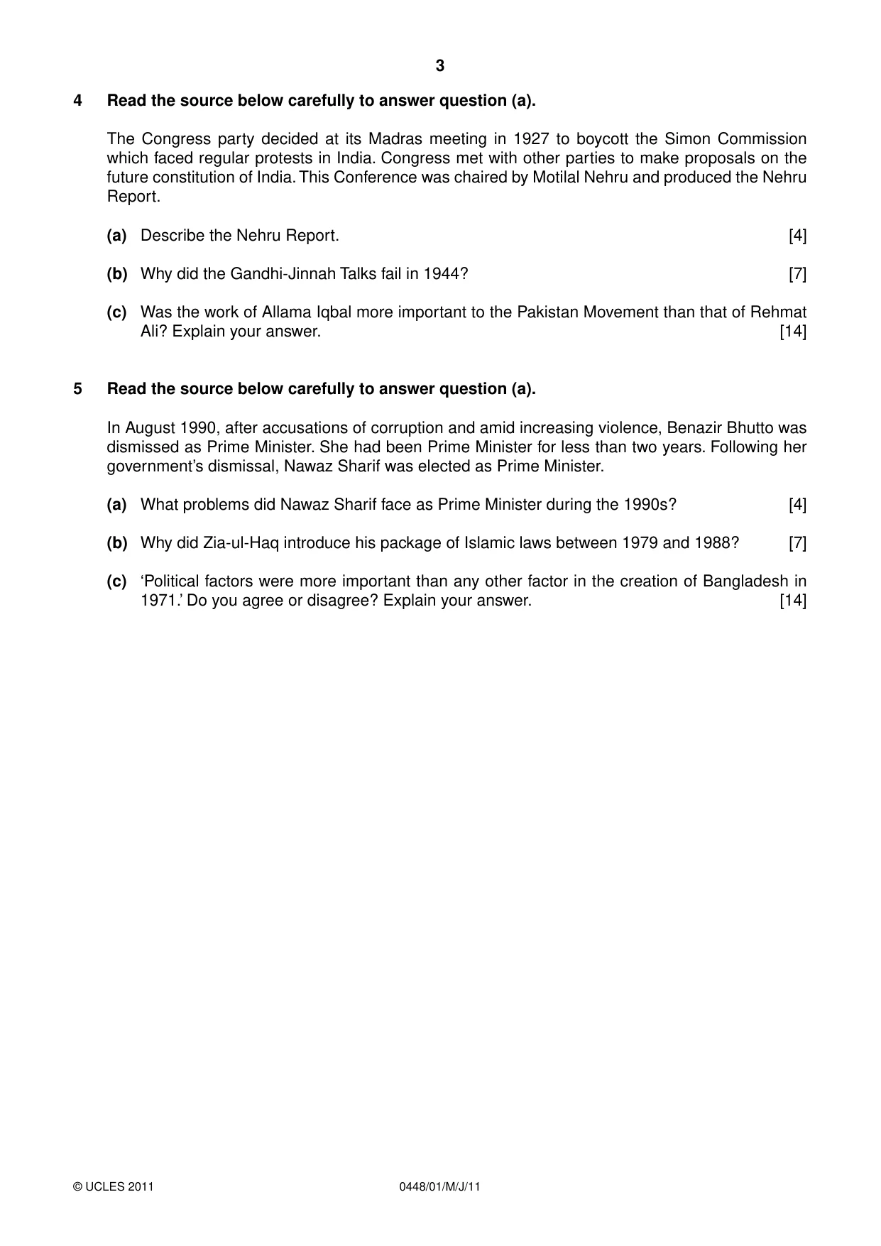 Cambridge IGCSE Pakistan Studies 0448 2011 May/June Paper 1 · Variant 1 question paper, page 3 of 4