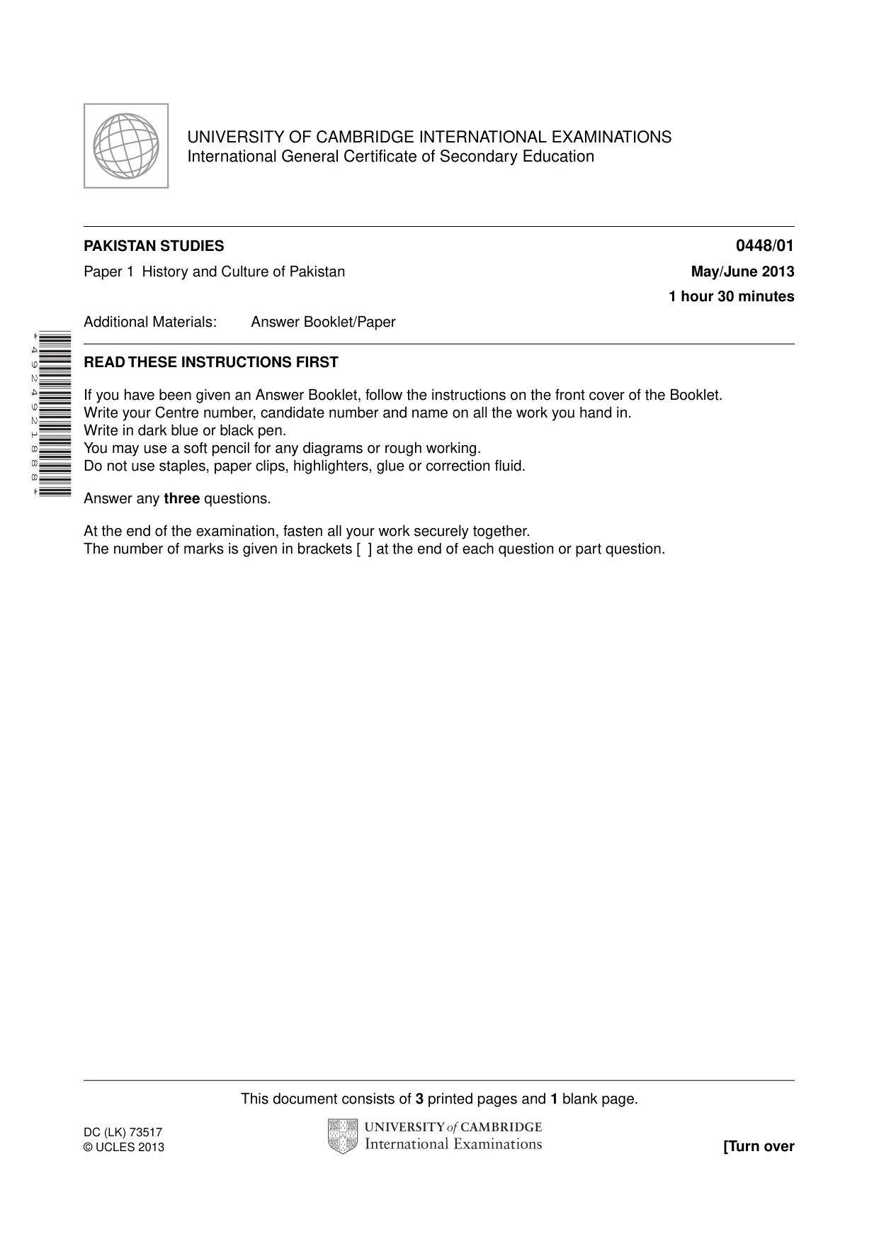 Cambridge IGCSE Pakistan Studies 0448 2013 May/June Paper 1 · Variant 1 question paper, page 2 of 5
