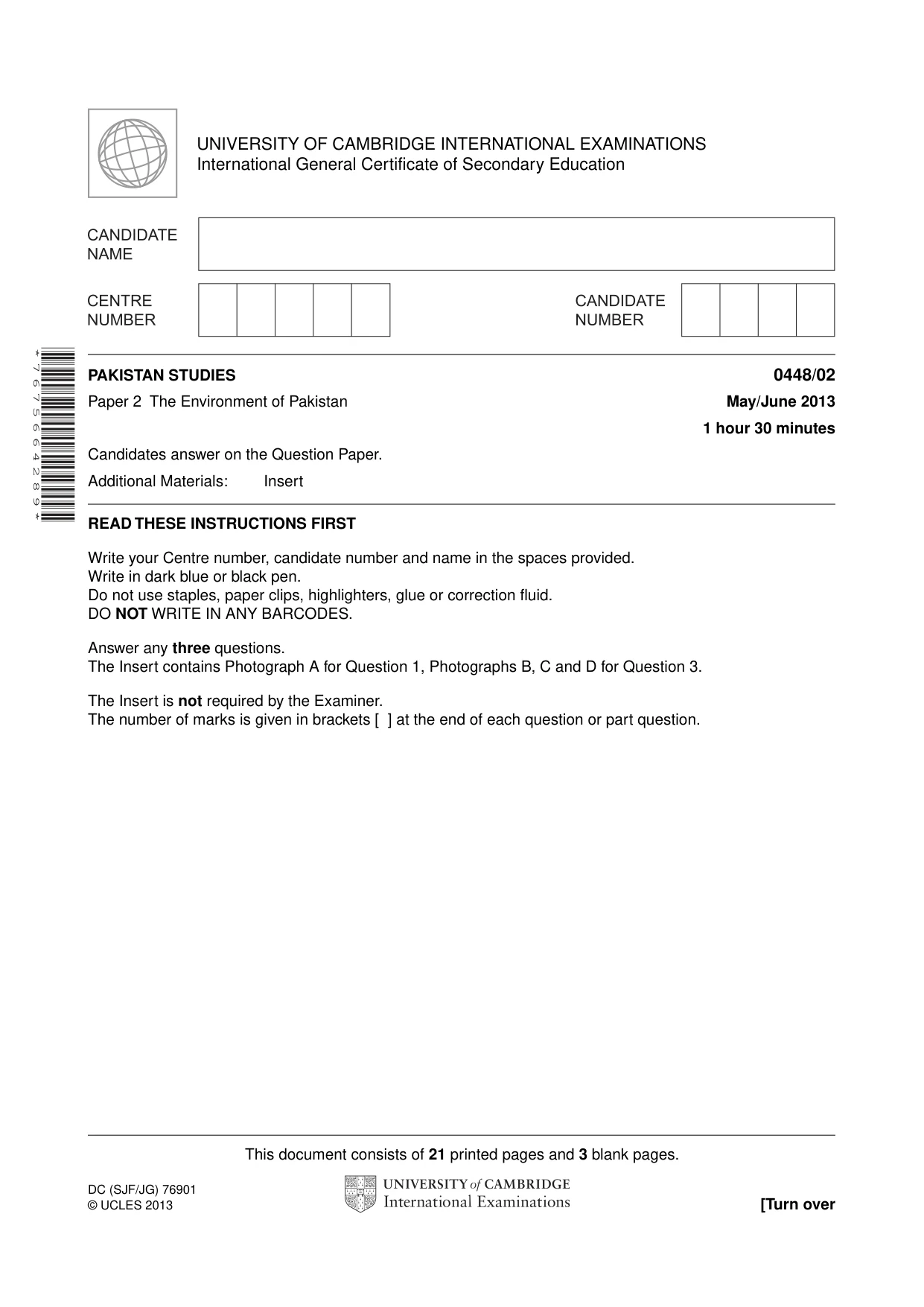 Cambridge IGCSE Pakistan Studies 0448 2013 May/June Paper 2 · Variant 1 question paper, page 2 of 25