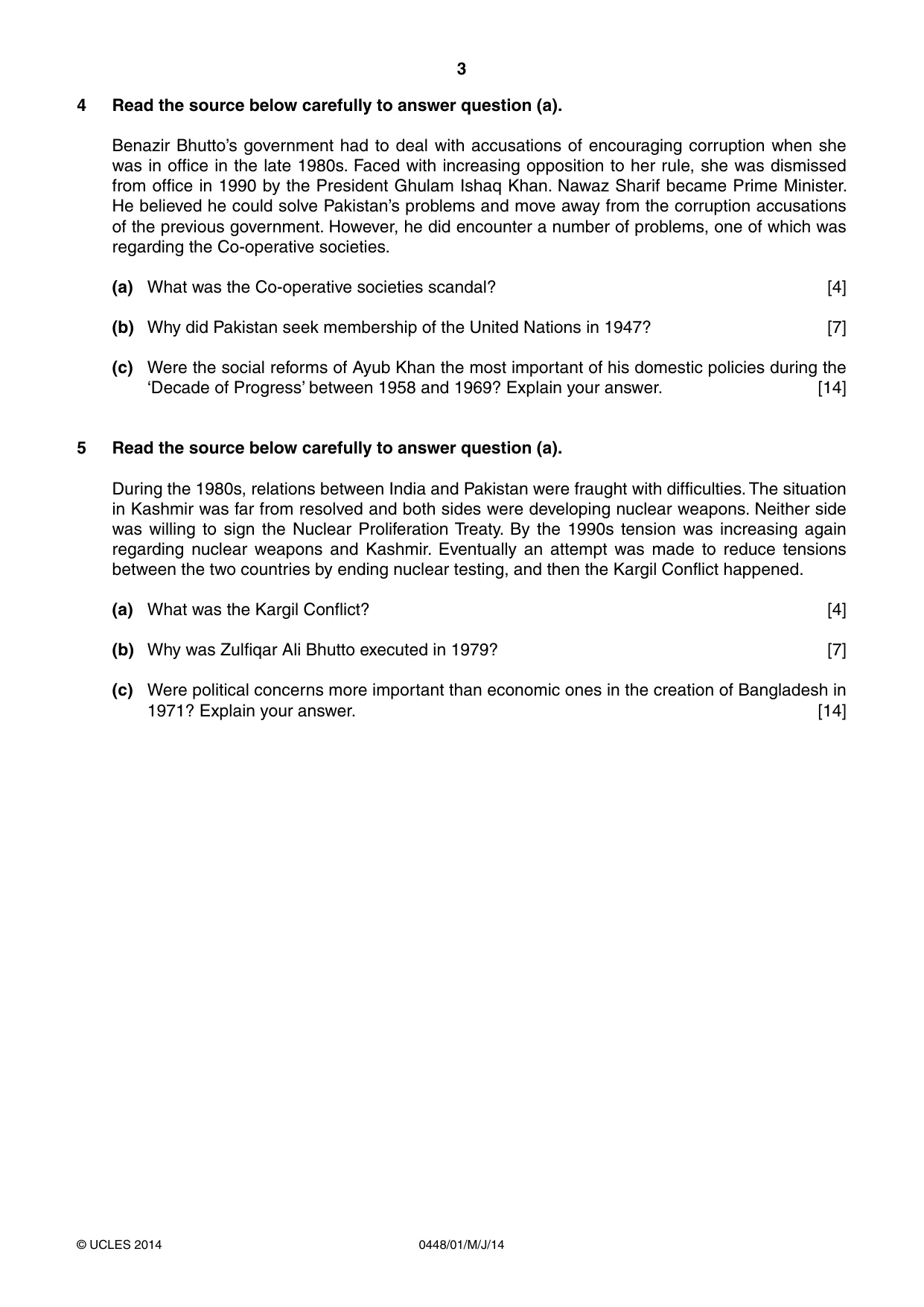 Cambridge IGCSE Pakistan Studies 0448 2014 May/June Paper 1 · Variant 1 question paper, page 3 of 4