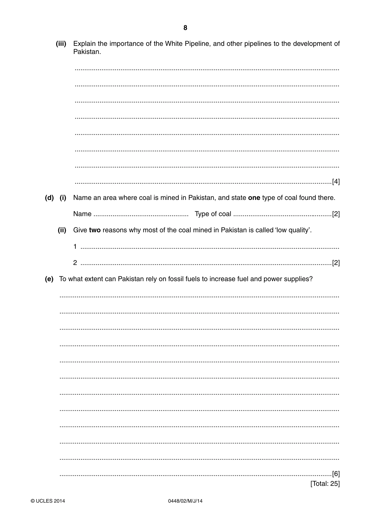 Cambridge IGCSE Pakistan Studies 0448 2014 May/June Paper 2 · Variant 1 question paper, page 8 of 20