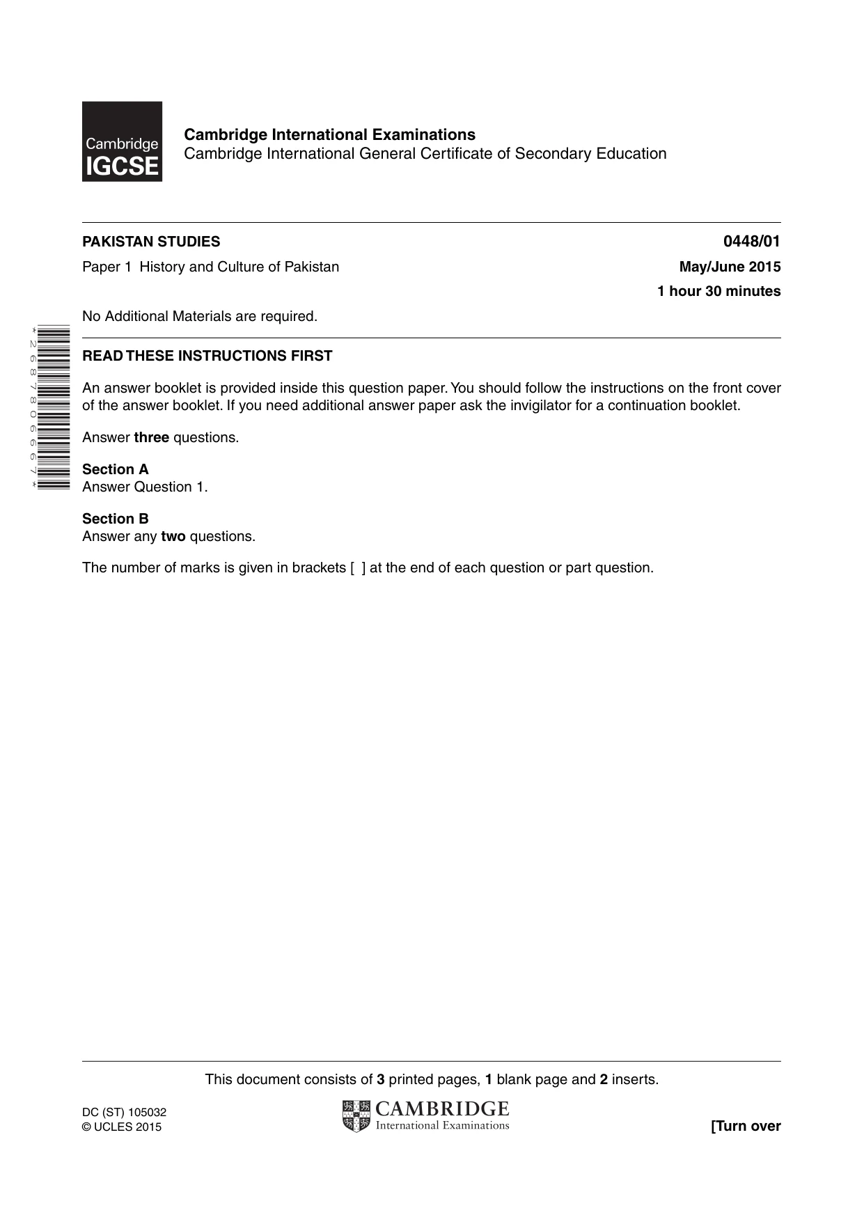 Cambridge IGCSE Pakistan Studies 0448 2015 May/June Paper 1 · Variant 1 question paper, page 1 of 4