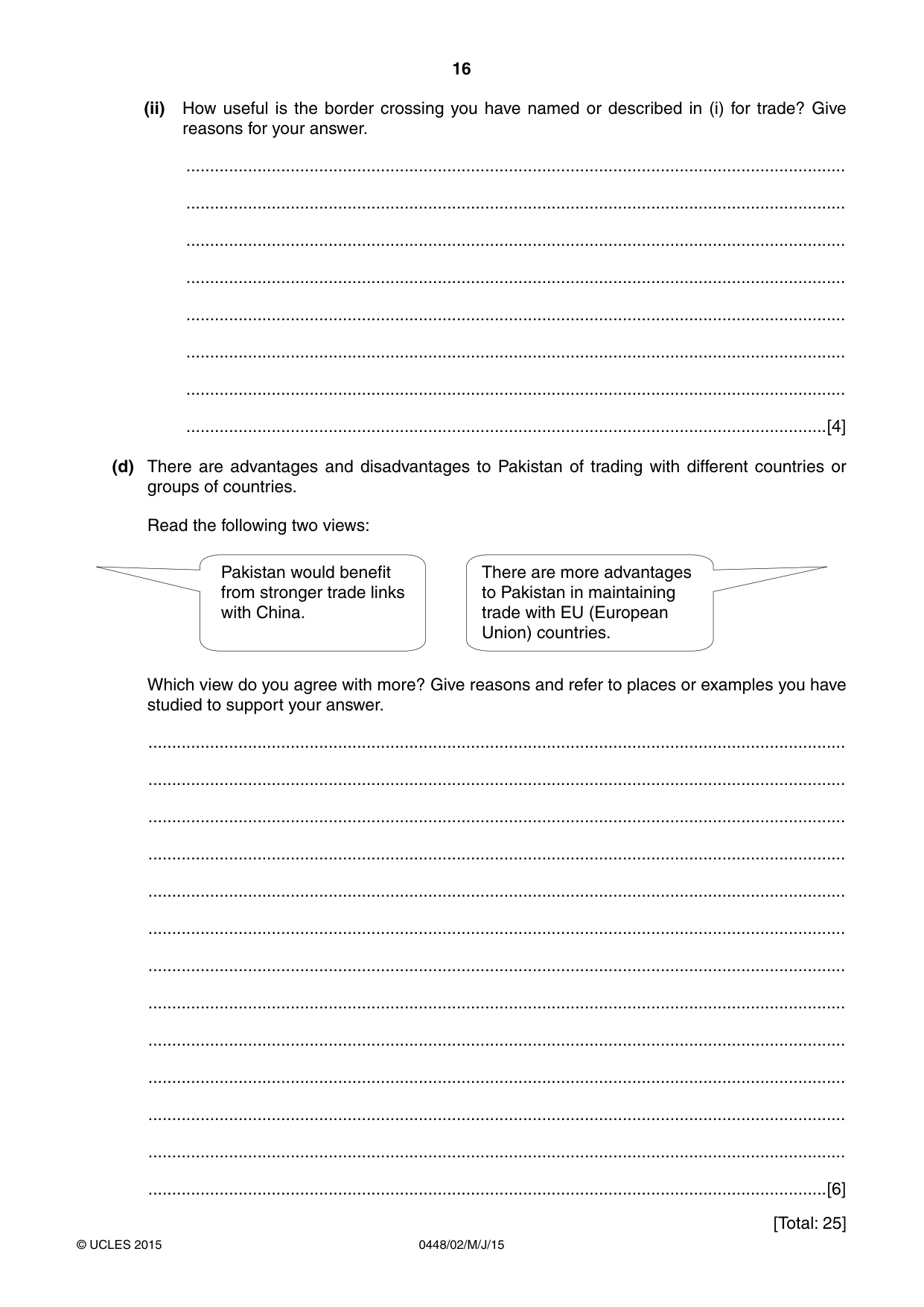 Cambridge IGCSE Pakistan Studies 0448 2015 May/June Paper 2 · Variant 1 question paper, page 16 of 20