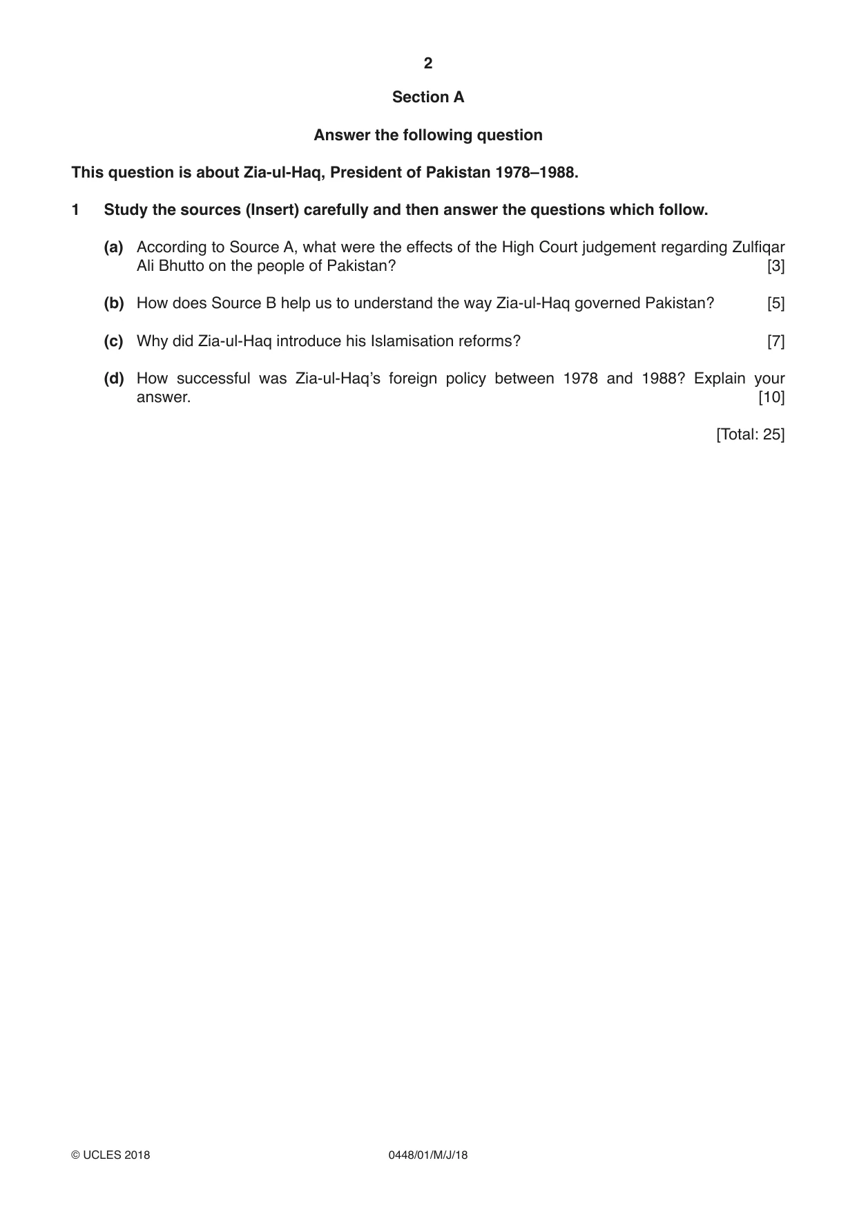 Cambridge IGCSE Pakistan Studies 0448 2018 May/June Paper 1 · Variant 0 question paper, page 2 of 4