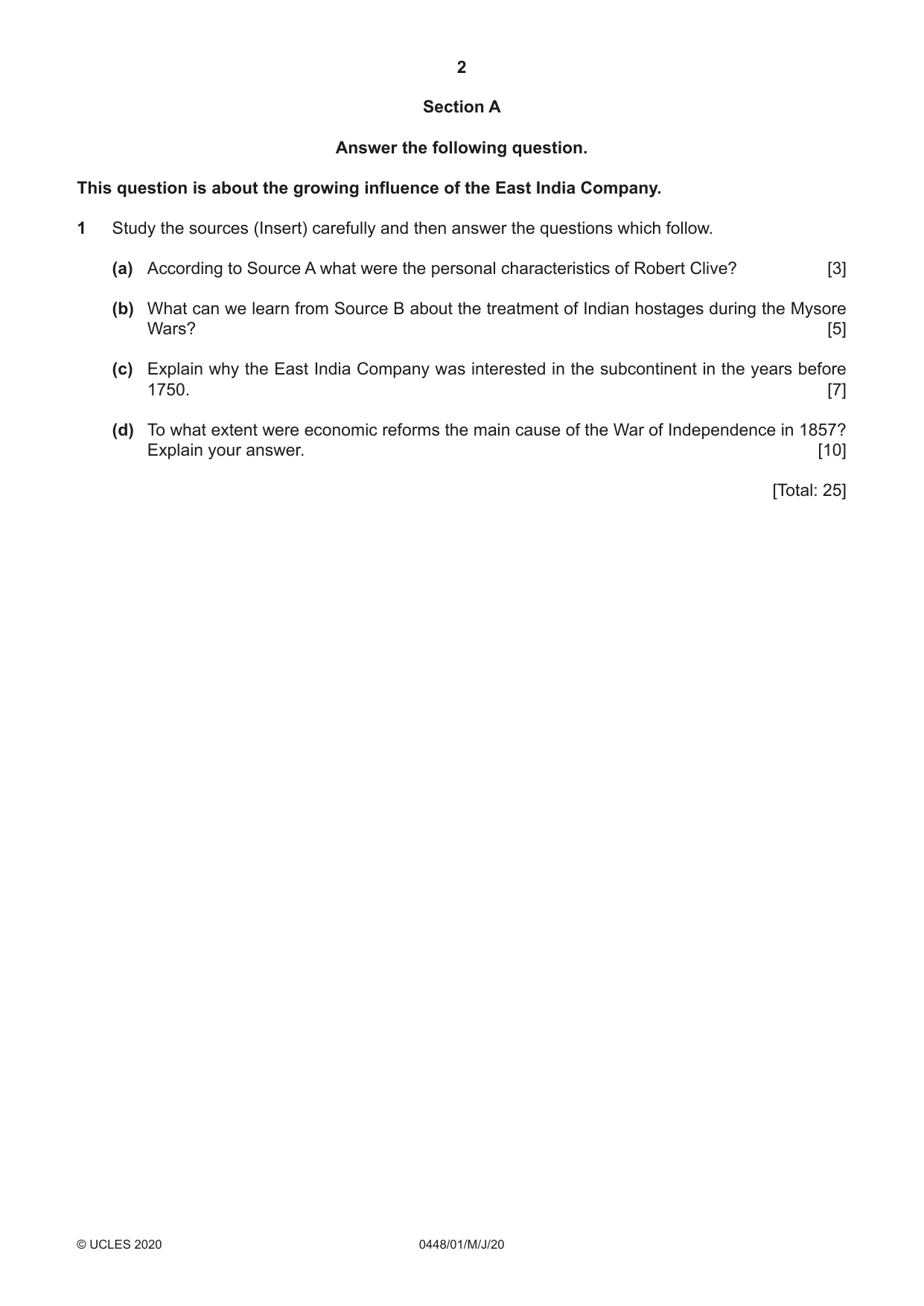 Cambridge IGCSE Pakistan Studies 0448 2020 May/June Paper 1 · Variant 0 question paper, page 2 of 4