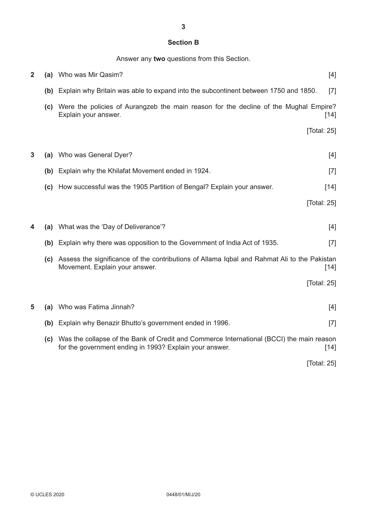 Cambridge IGCSE Pakistan Studies 0448 2020 May/June Paper 1 · Variant 0 question paper, page 3 of 4