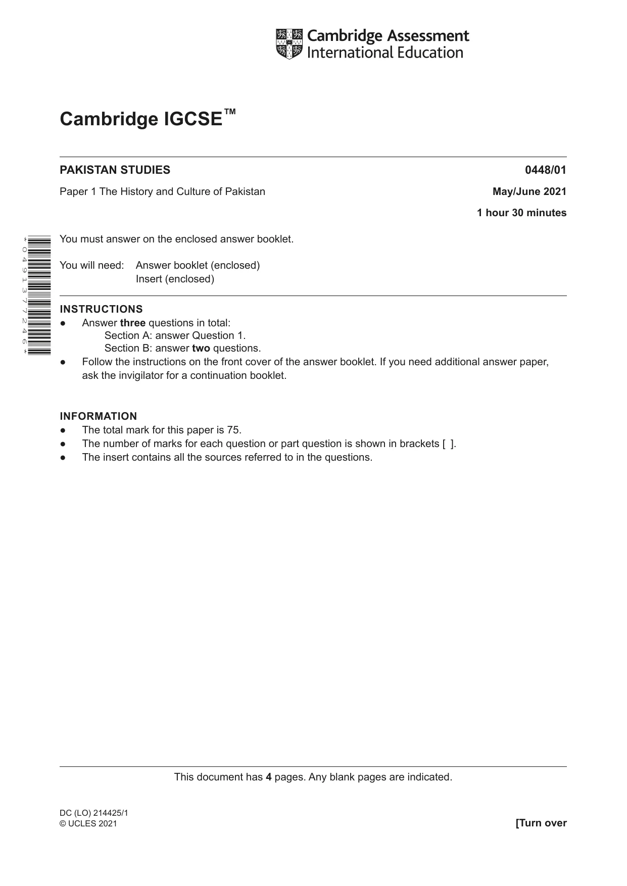 Cambridge IGCSE Pakistan Studies 0448 2021 May/June Paper 1 · Variant 0 question paper, page 1 of 4