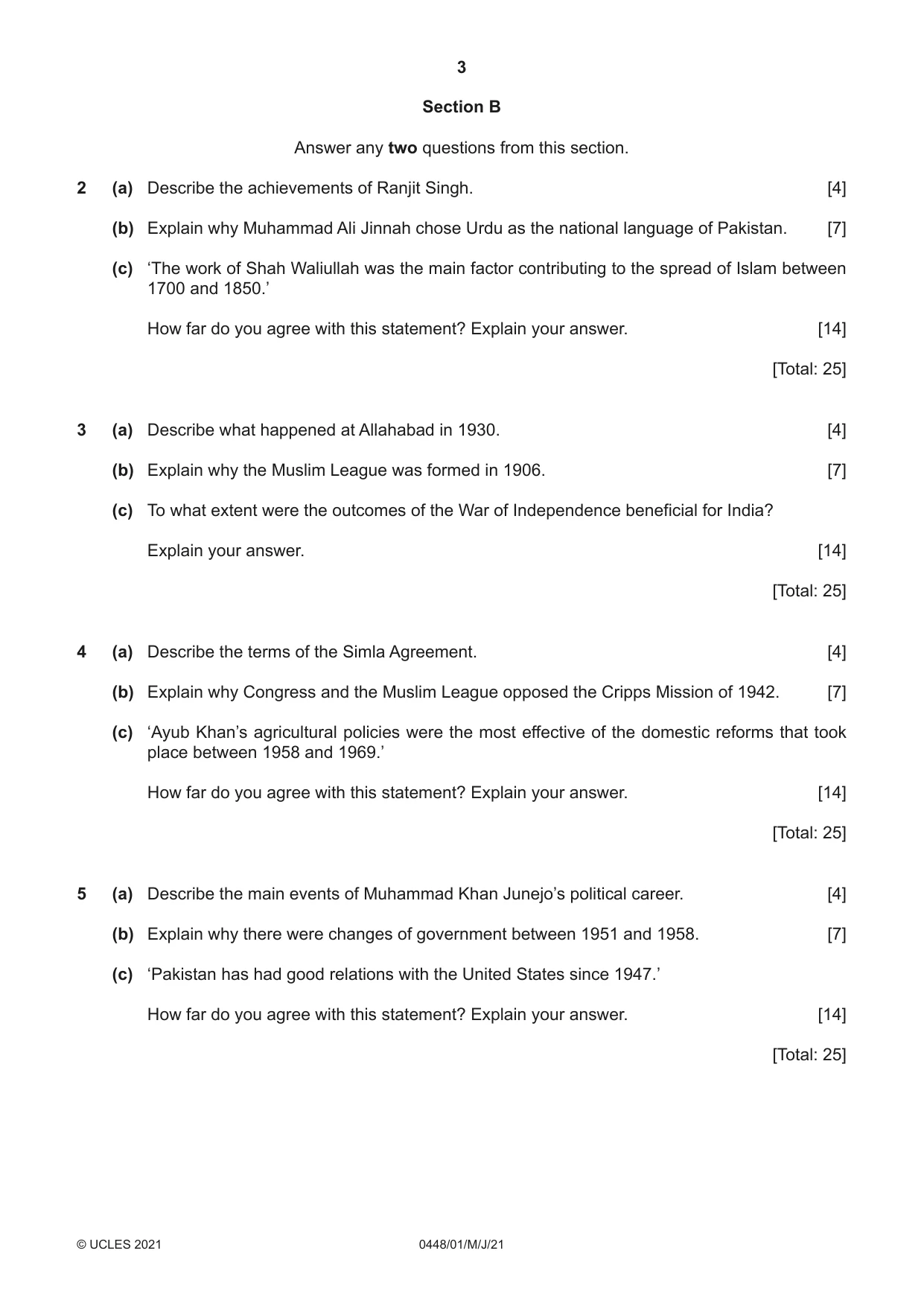 Cambridge IGCSE Pakistan Studies 0448 2021 May/June Paper 1 · Variant 0 question paper, page 3 of 4