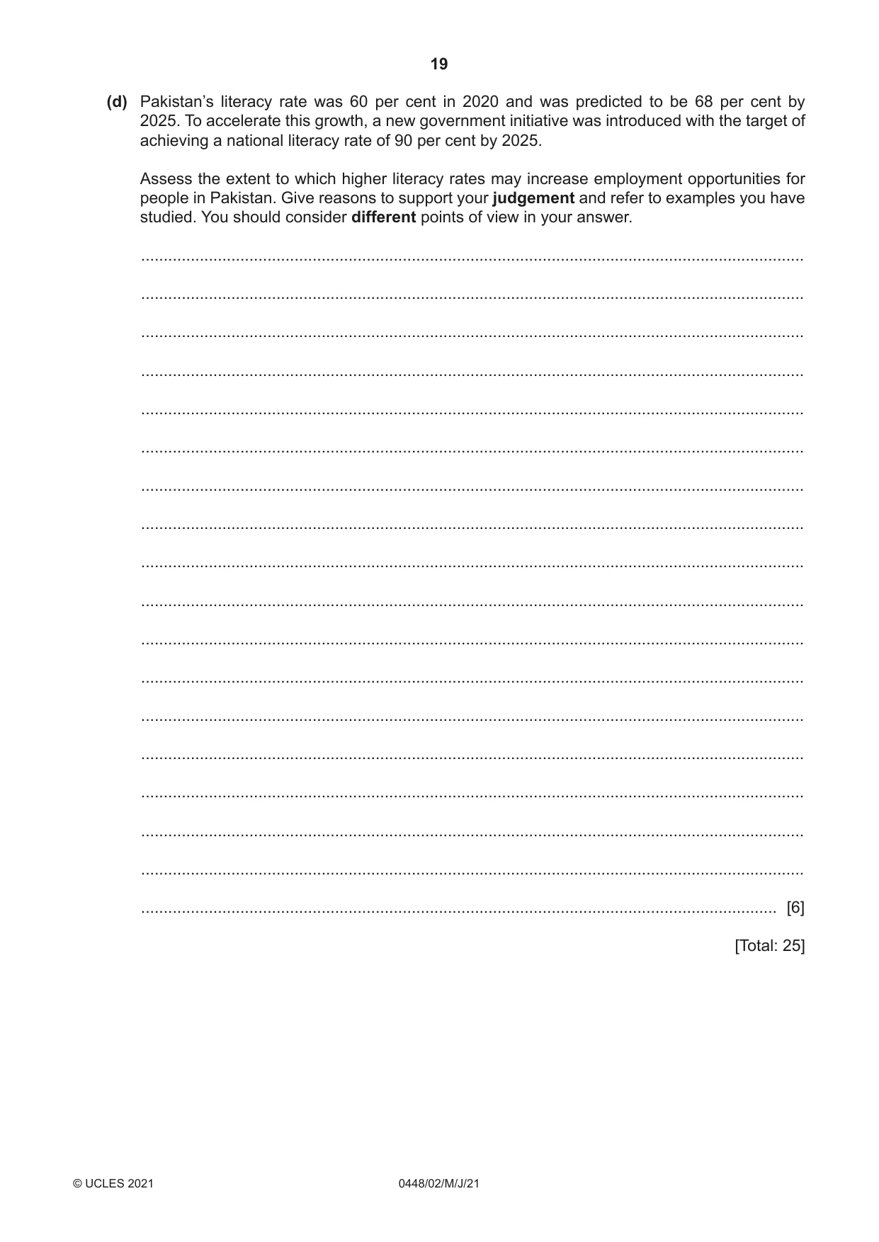 Cambridge IGCSE Pakistan Studies 0448 2021 May/June Paper 2 · Variant 0 question paper, page 19 of 20