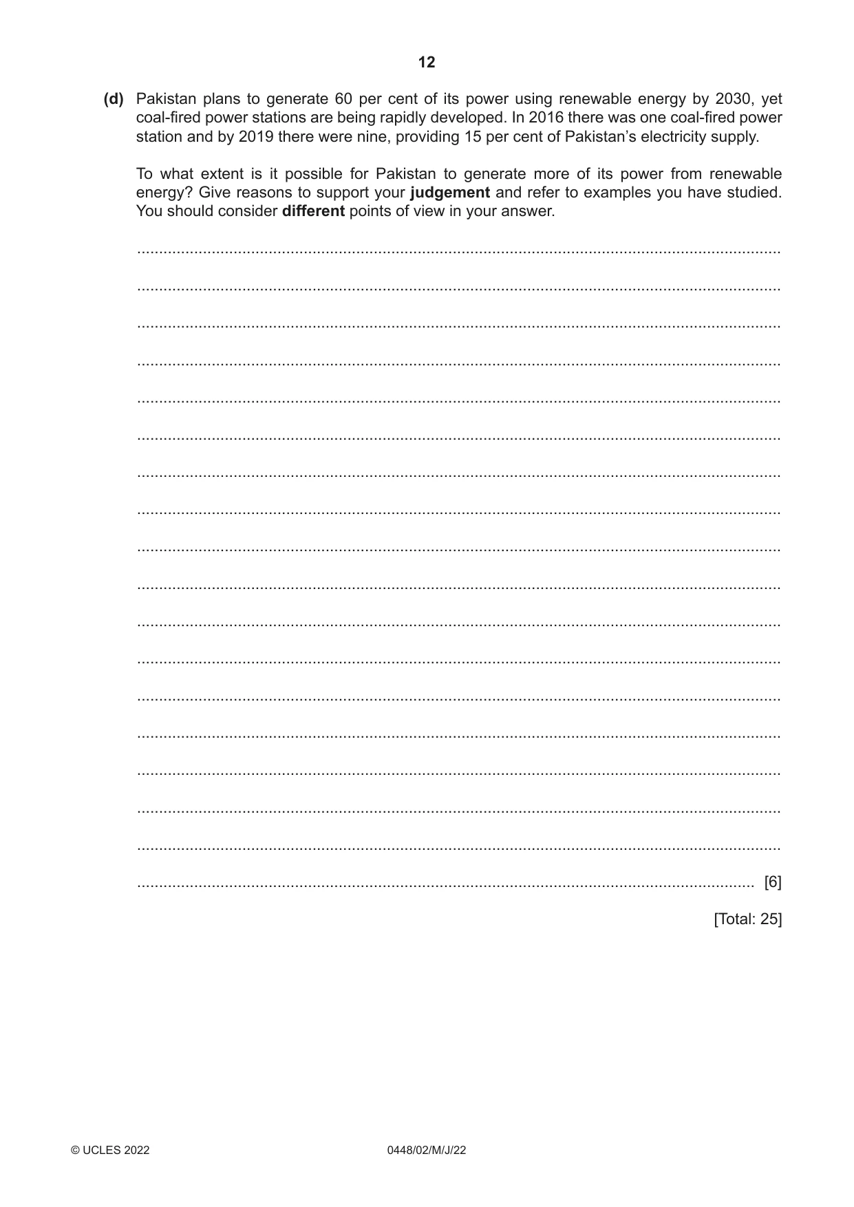 Cambridge IGCSE Pakistan Studies 0448 2022 May/June Paper 2 · Variant 0 question paper, page 12 of 20
