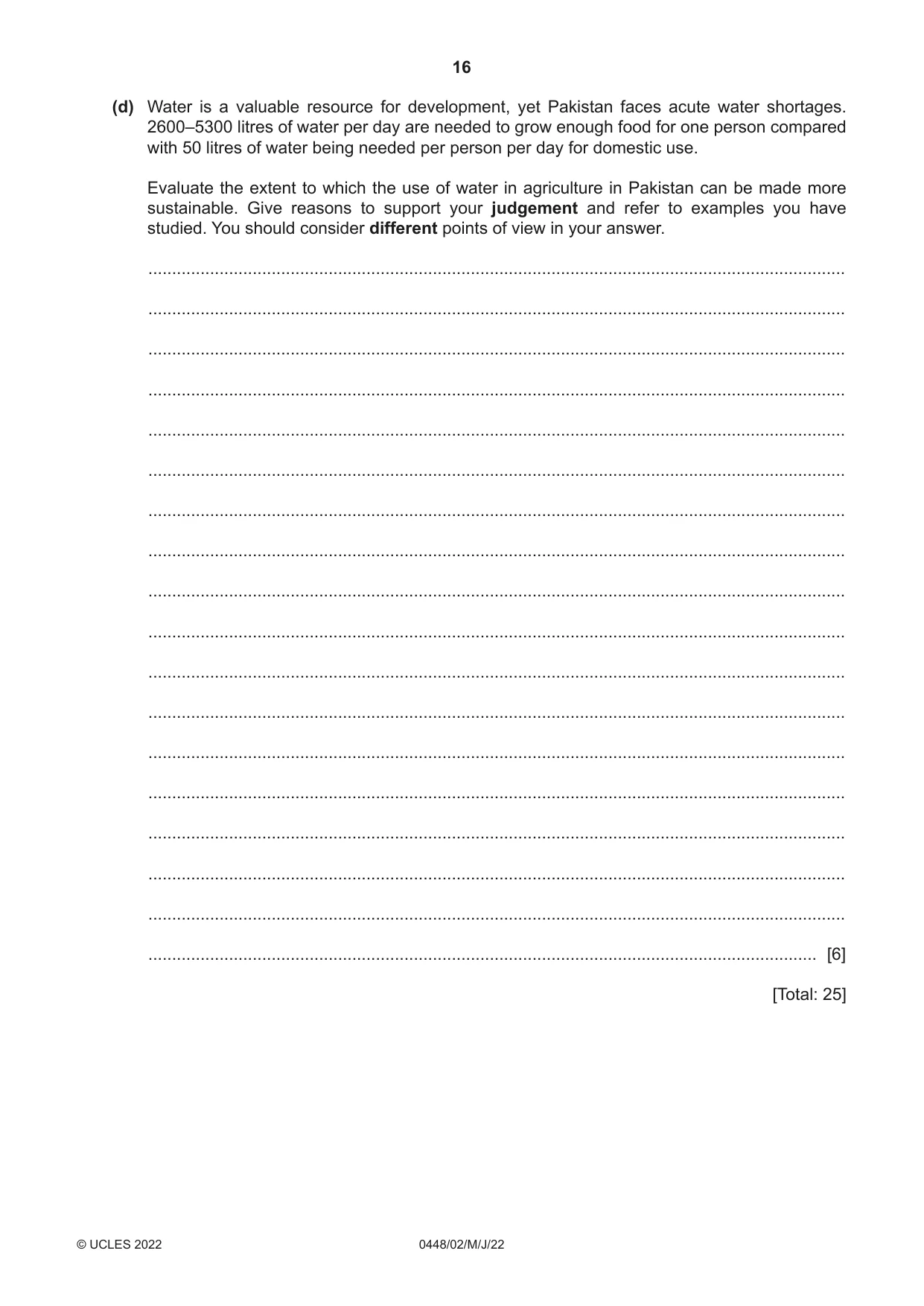 Cambridge IGCSE Pakistan Studies 0448 2022 May/June Paper 2 · Variant 0 question paper, page 16 of 20