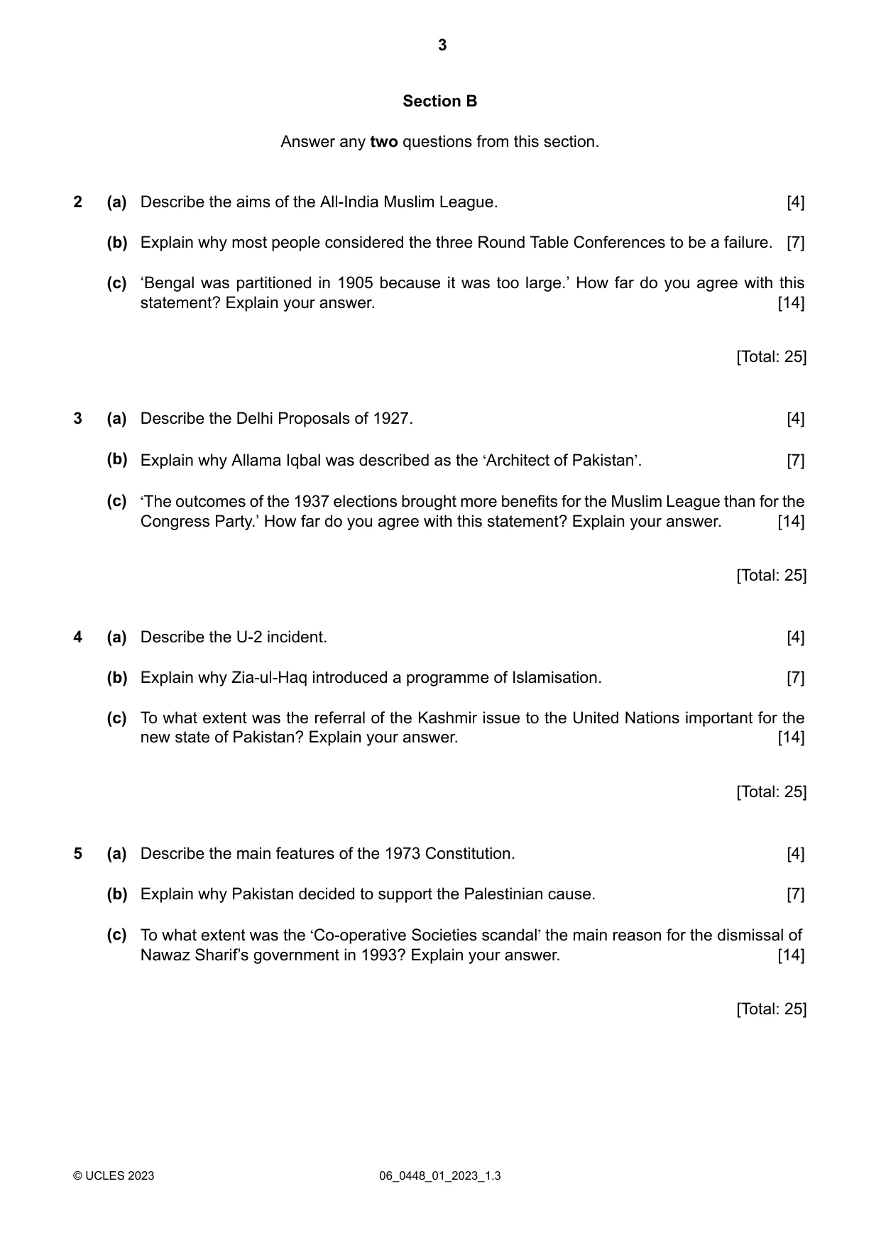Cambridge IGCSE Pakistan Studies 0448 2023 May/June Paper 1 · Variant 0 question paper, page 3 of 4