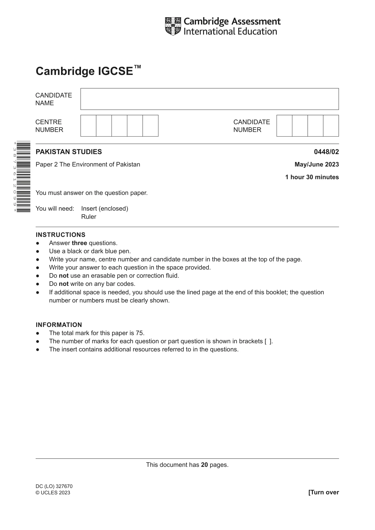 Cambridge IGCSE Pakistan Studies 0448 2023 May/June Paper 2 · Variant 0 question paper, page 1 of 20