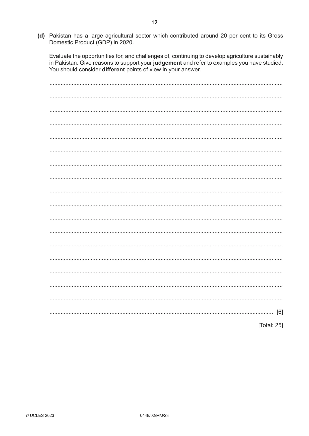 Cambridge IGCSE Pakistan Studies 0448 2023 May/June Paper 2 · Variant 0 question paper, page 12 of 20
