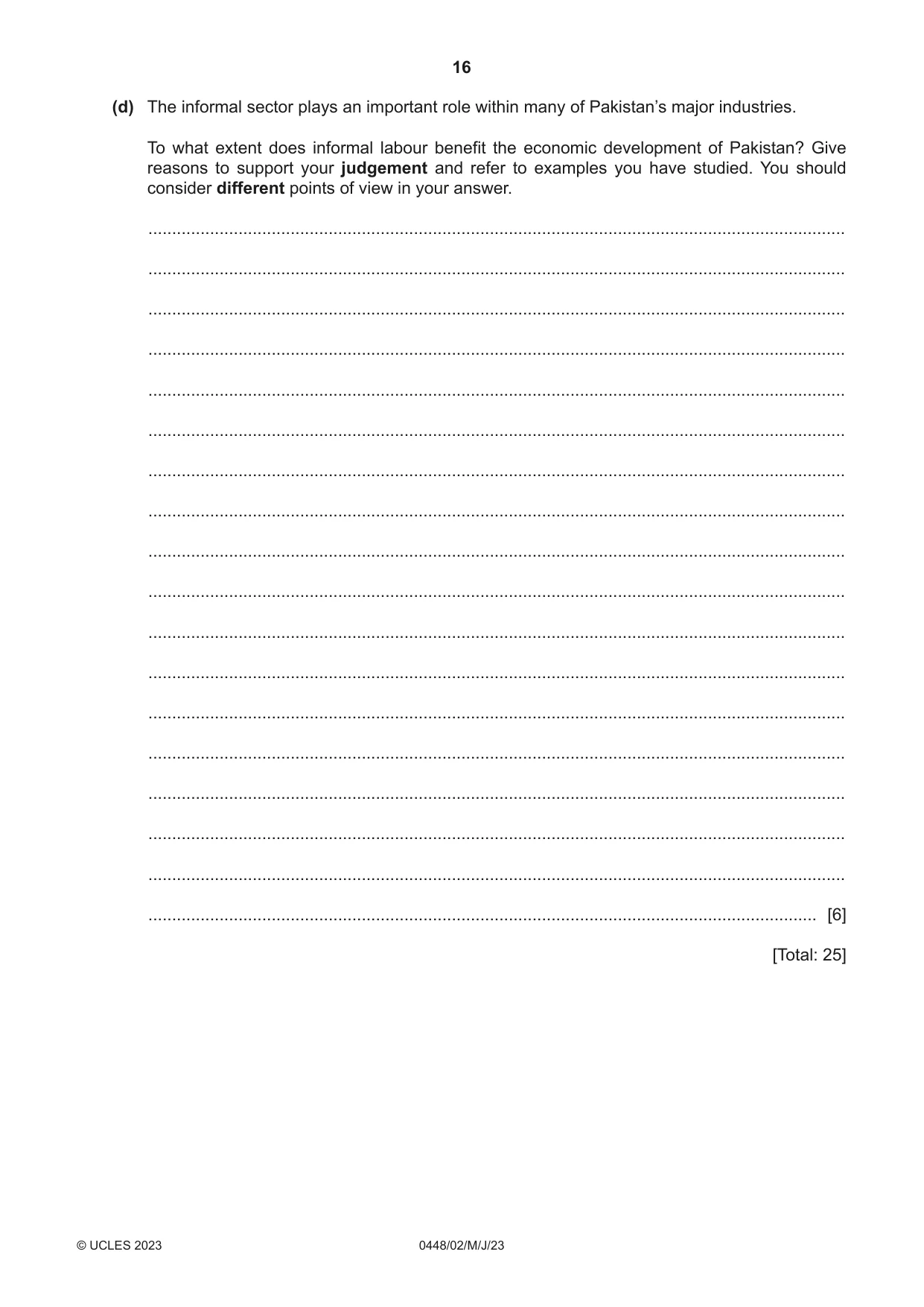 Cambridge IGCSE Pakistan Studies 0448 2023 May/June Paper 2 · Variant 0 question paper, page 16 of 20