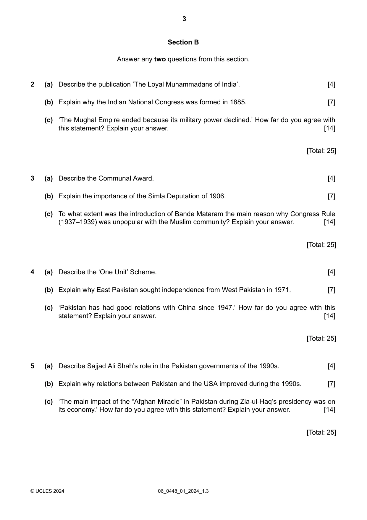 Cambridge IGCSE Pakistan Studies 0448 2024 May/June Paper 1 · Variant 0 question paper, page 3 of 4