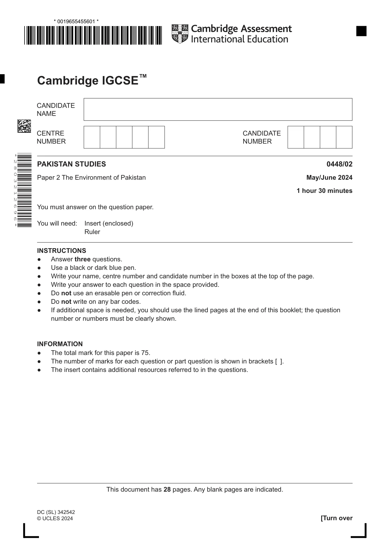 Cambridge IGCSE Pakistan Studies 0448 2024 May/June Paper 2 · Variant 0 question paper, page 1 of 28