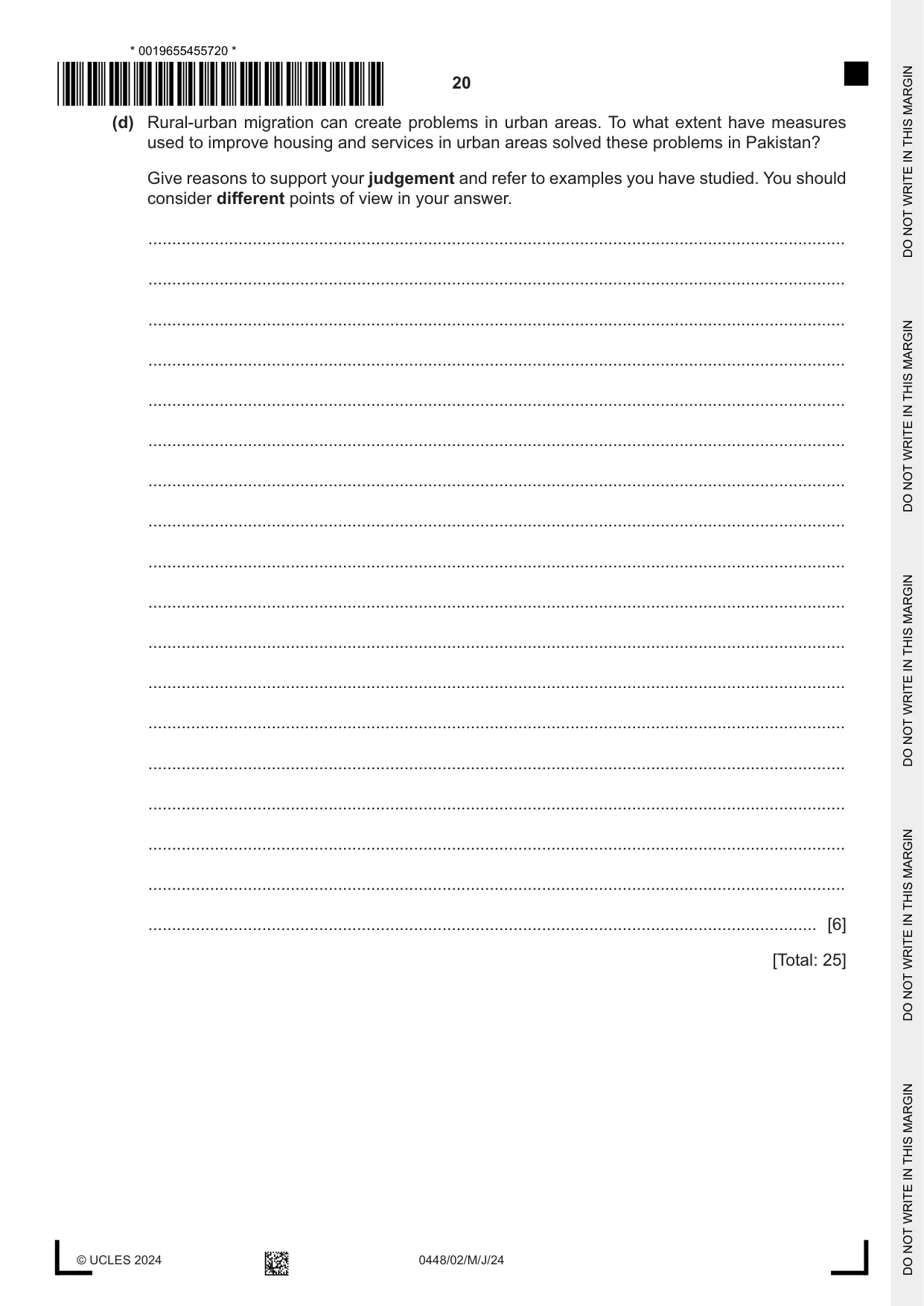 Cambridge IGCSE Pakistan Studies 0448 2024 May/June Paper 2 · Variant 0 question paper, page 20 of 28