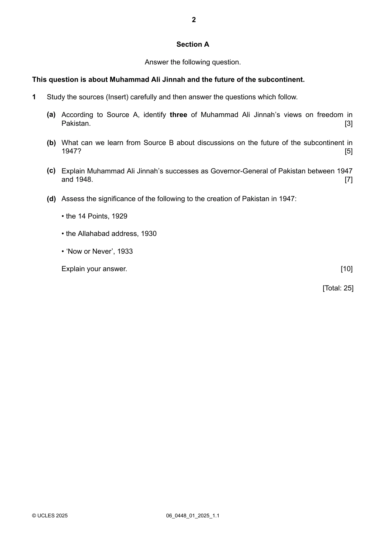 Cambridge IGCSE Pakistan Studies 0448 2025 May/June Paper 1 · Variant 0 question paper, page 2 of 4