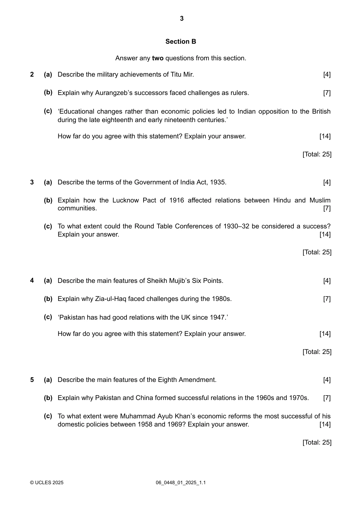 Cambridge IGCSE Pakistan Studies 0448 2025 May/June Paper 1 · Variant 0 question paper, page 3 of 4