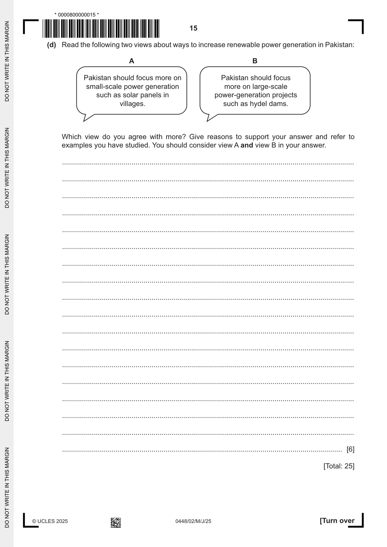Cambridge IGCSE Pakistan Studies 0448 2025 May/June Paper 2 · Variant 0 question paper, page 15 of 28