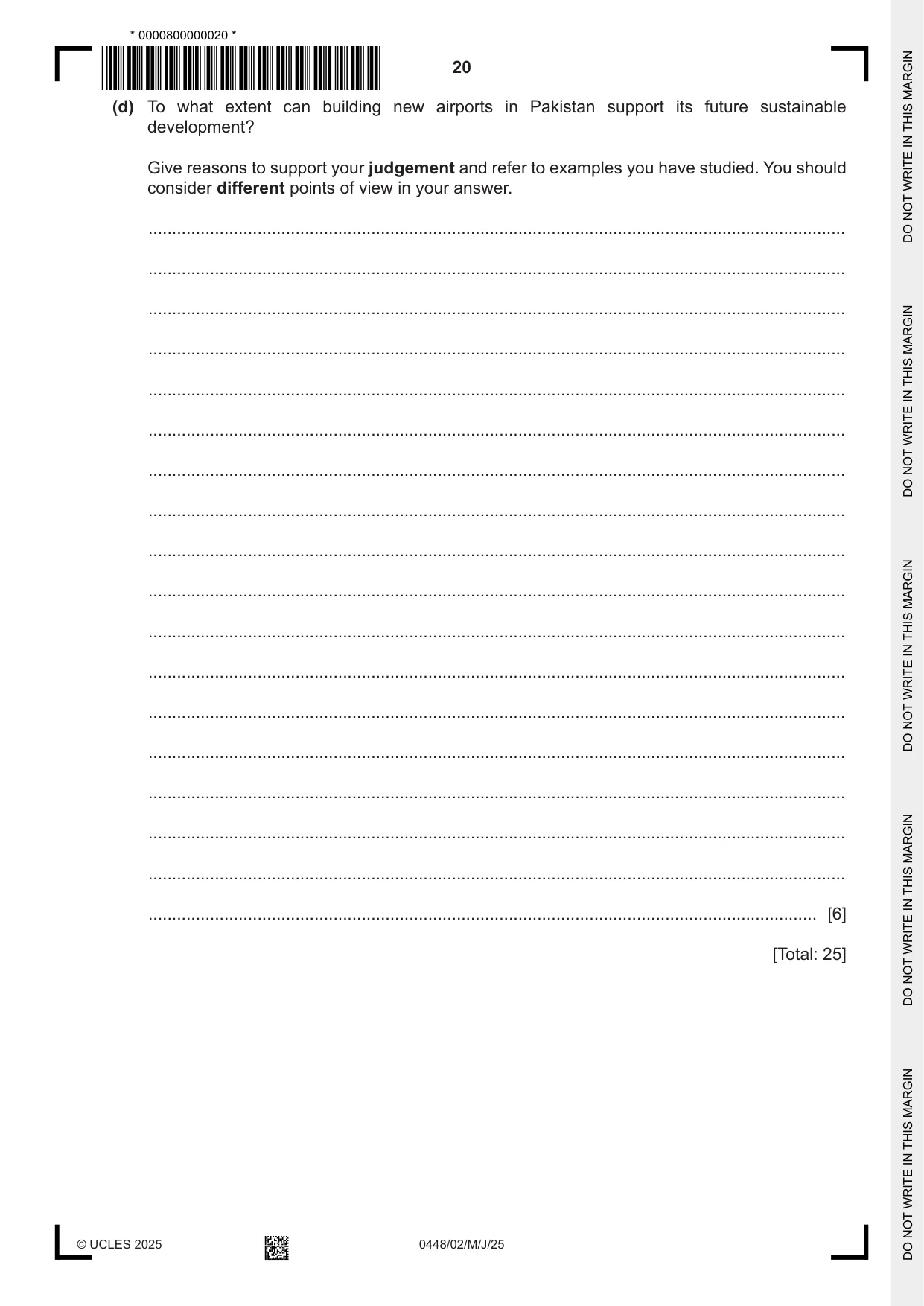 Cambridge IGCSE Pakistan Studies 0448 2025 May/June Paper 2 · Variant 0 question paper, page 20 of 28