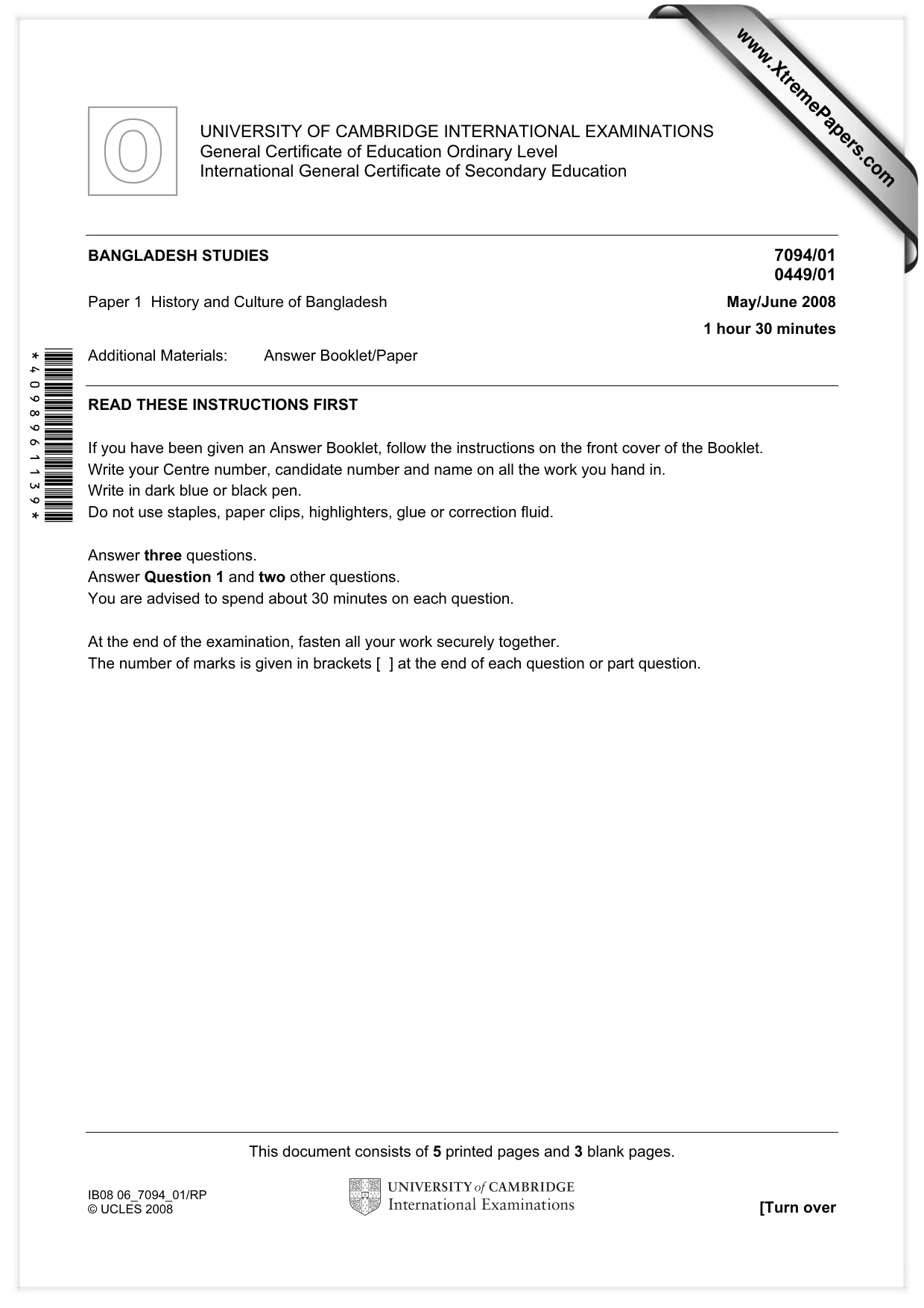 Cambridge IGCSE Bangladesh Studies 0449 2008 May/June Paper 1 · Variant 1 question paper, page 1 of 8