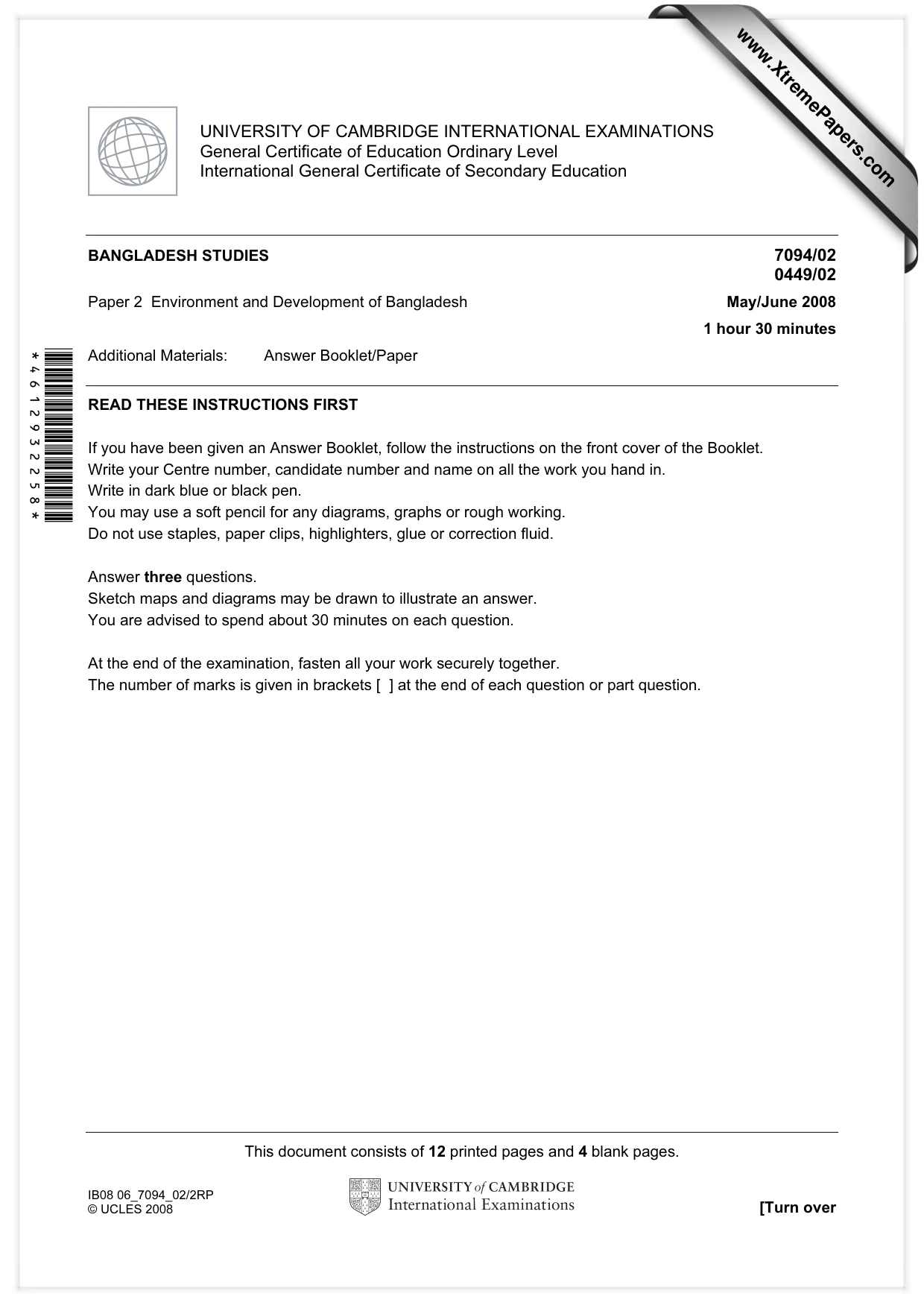 Cambridge IGCSE Bangladesh Studies 0449 2008 May/June Paper 2 · Variant 1 question paper, page 1 of 16