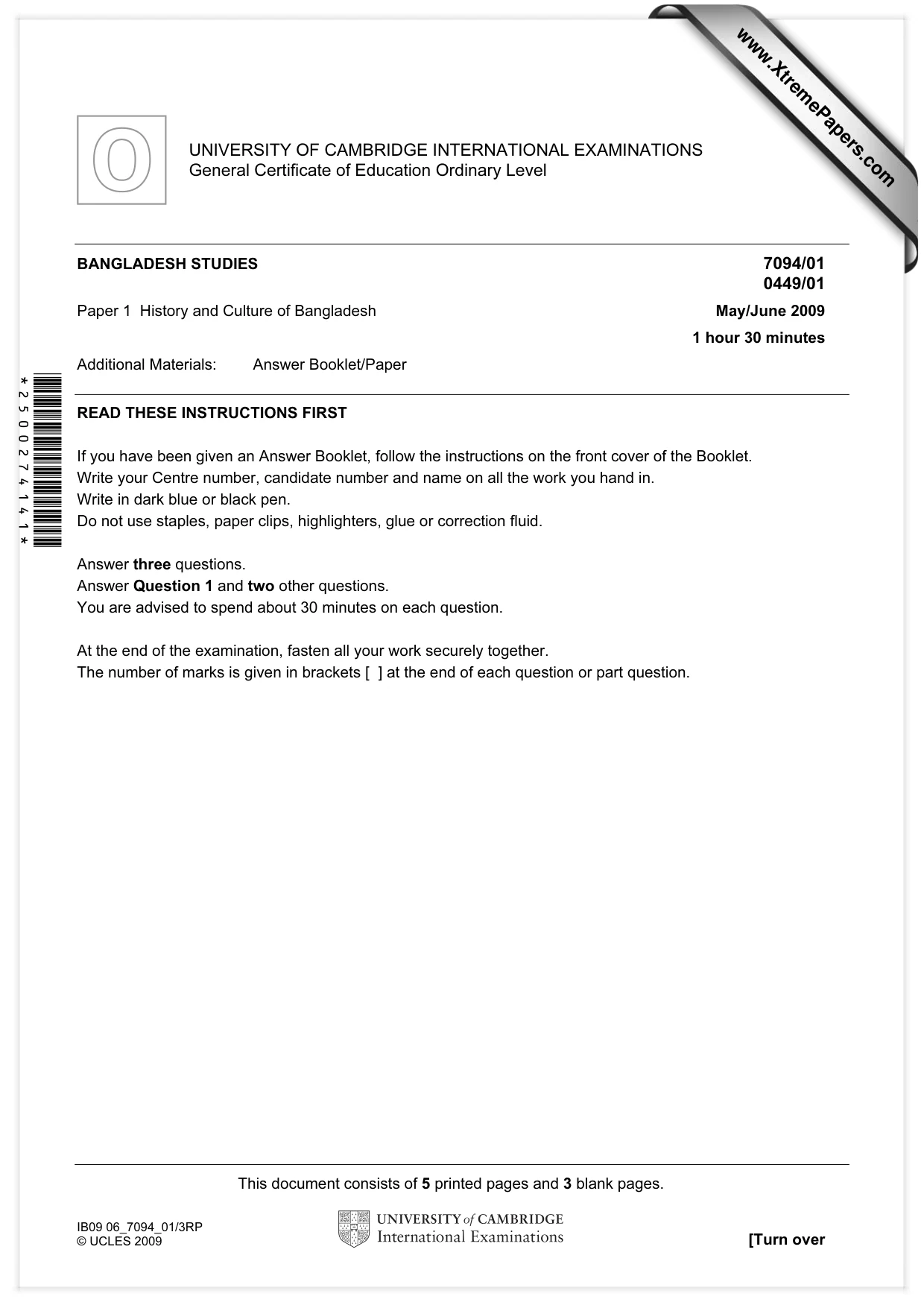 Cambridge IGCSE Bangladesh Studies 0449 2009 May/June Paper 1 · Variant 1 question paper, page 1 of 8