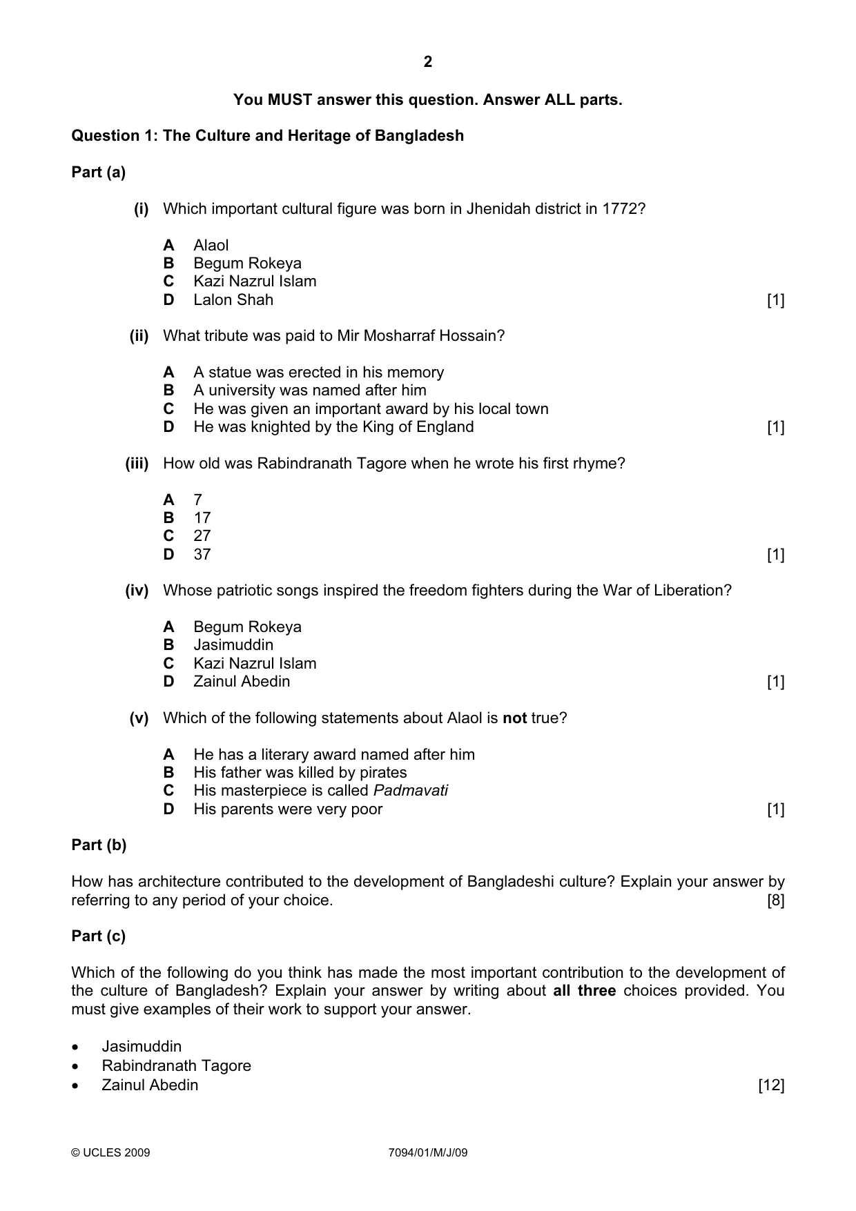Cambridge IGCSE Bangladesh Studies 0449 2009 May/June Paper 1 · Variant 1 question paper, page 2 of 8