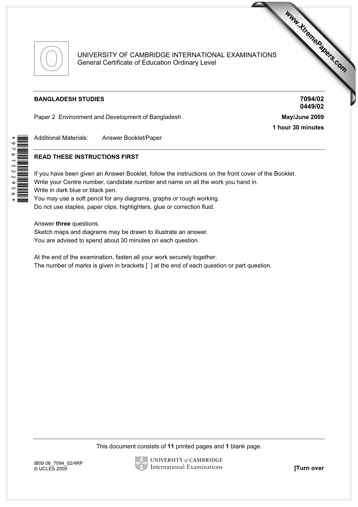Cambridge IGCSE Bangladesh Studies 0449 2009 May/June Paper 2 · Variant 1 question paper, page 1 of 12