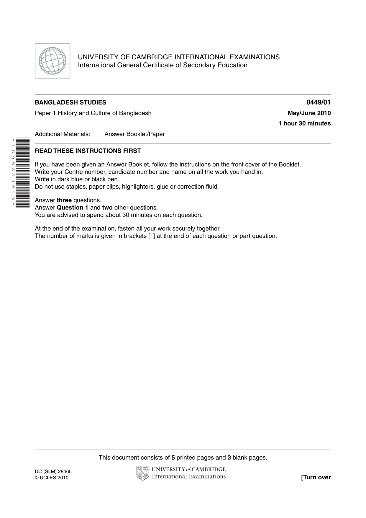 Cambridge IGCSE Bangladesh Studies 0449 2010 May/June Paper 1 · Variant 1 question paper, page 1 of 8