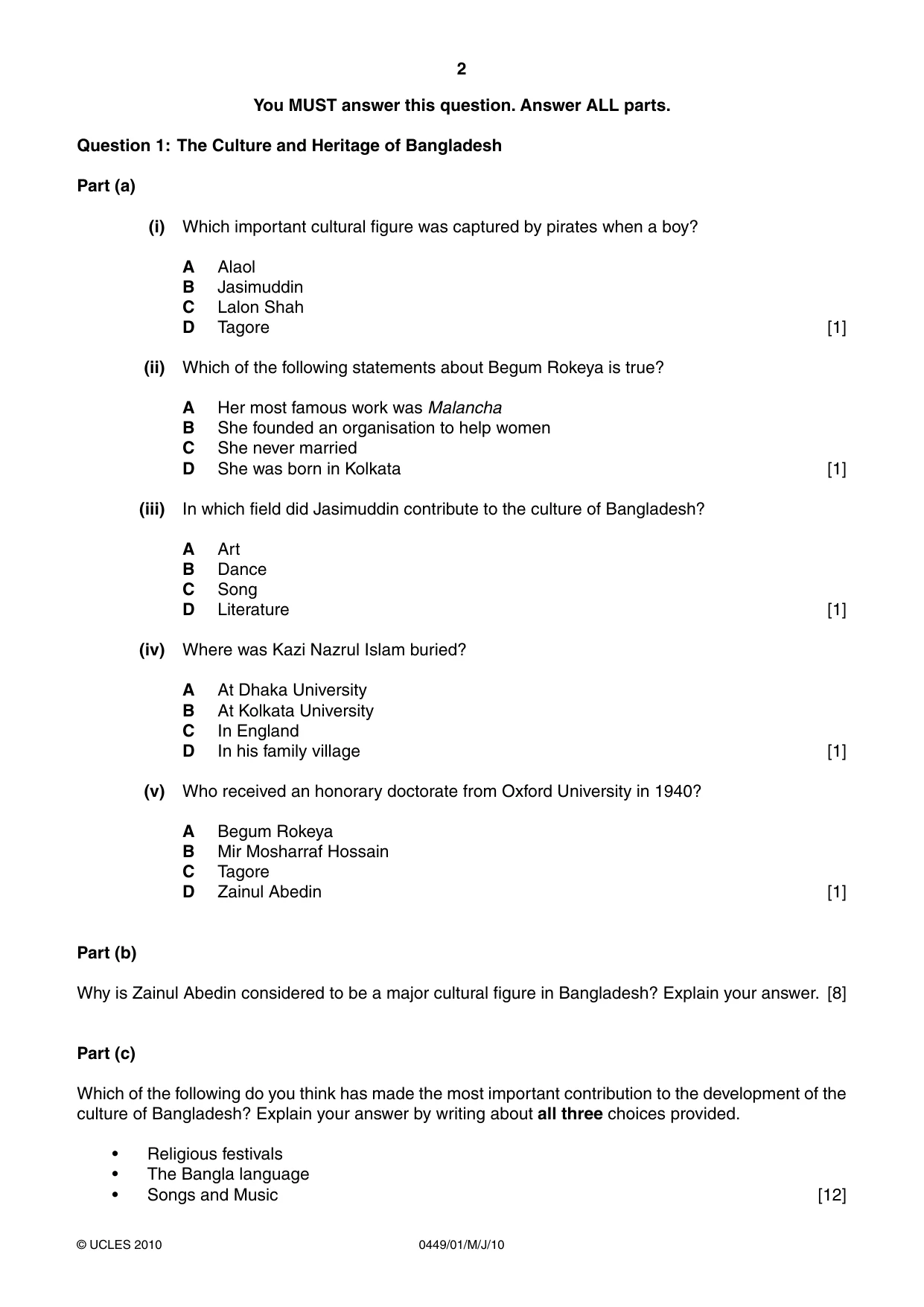 Cambridge IGCSE Bangladesh Studies 0449 2010 May/June Paper 1 · Variant 1 question paper, page 2 of 8