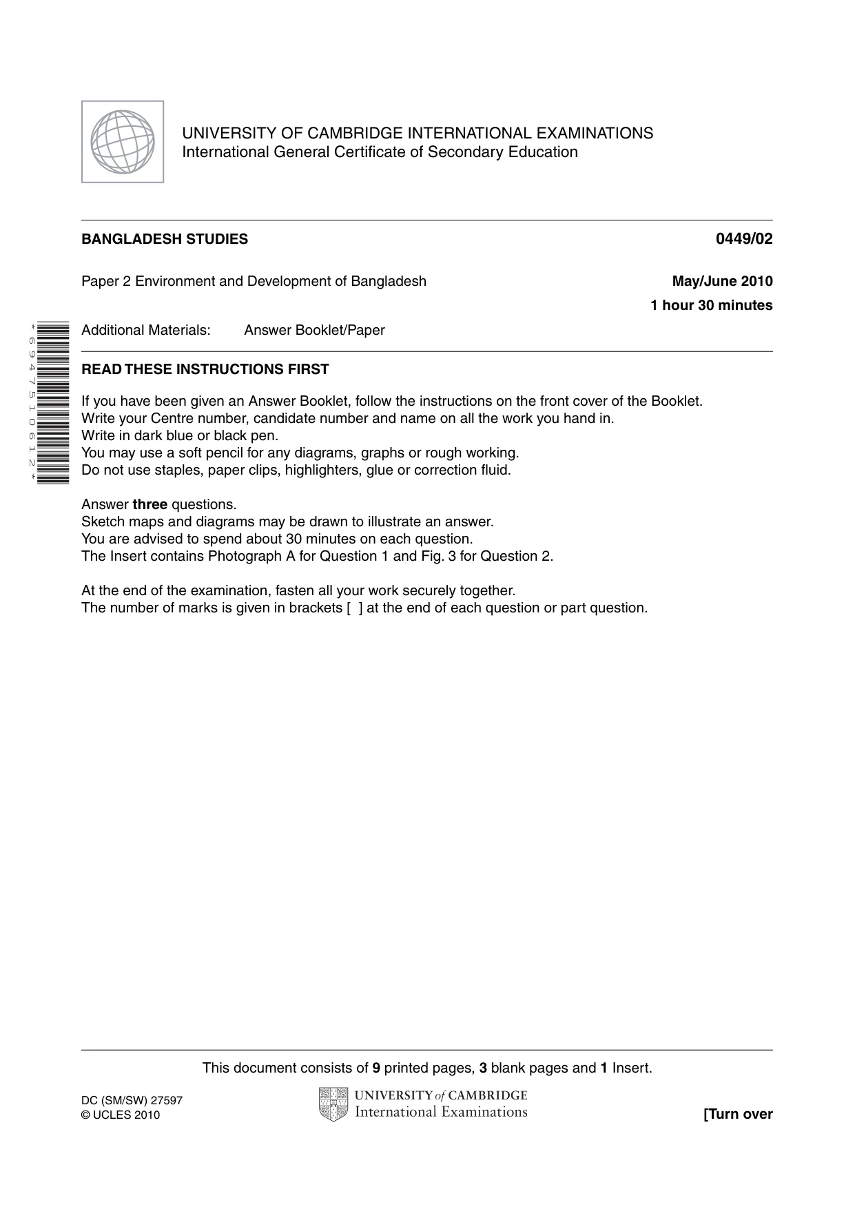 Cambridge IGCSE Bangladesh Studies 0449 2010 May/June Paper 2 · Variant 1 question paper, page 1 of 12