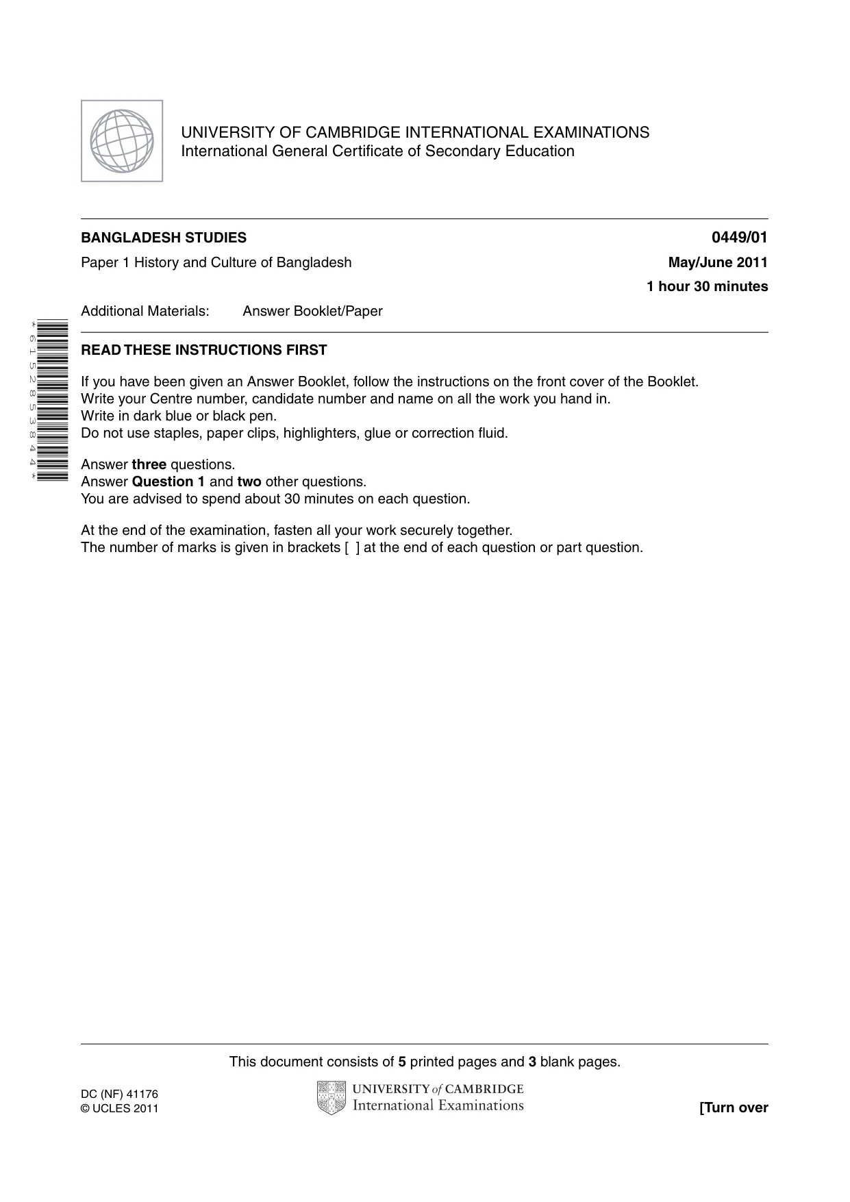 Cambridge IGCSE Bangladesh Studies 0449 2011 May/June Paper 1 · Variant 1 question paper, page 1 of 8