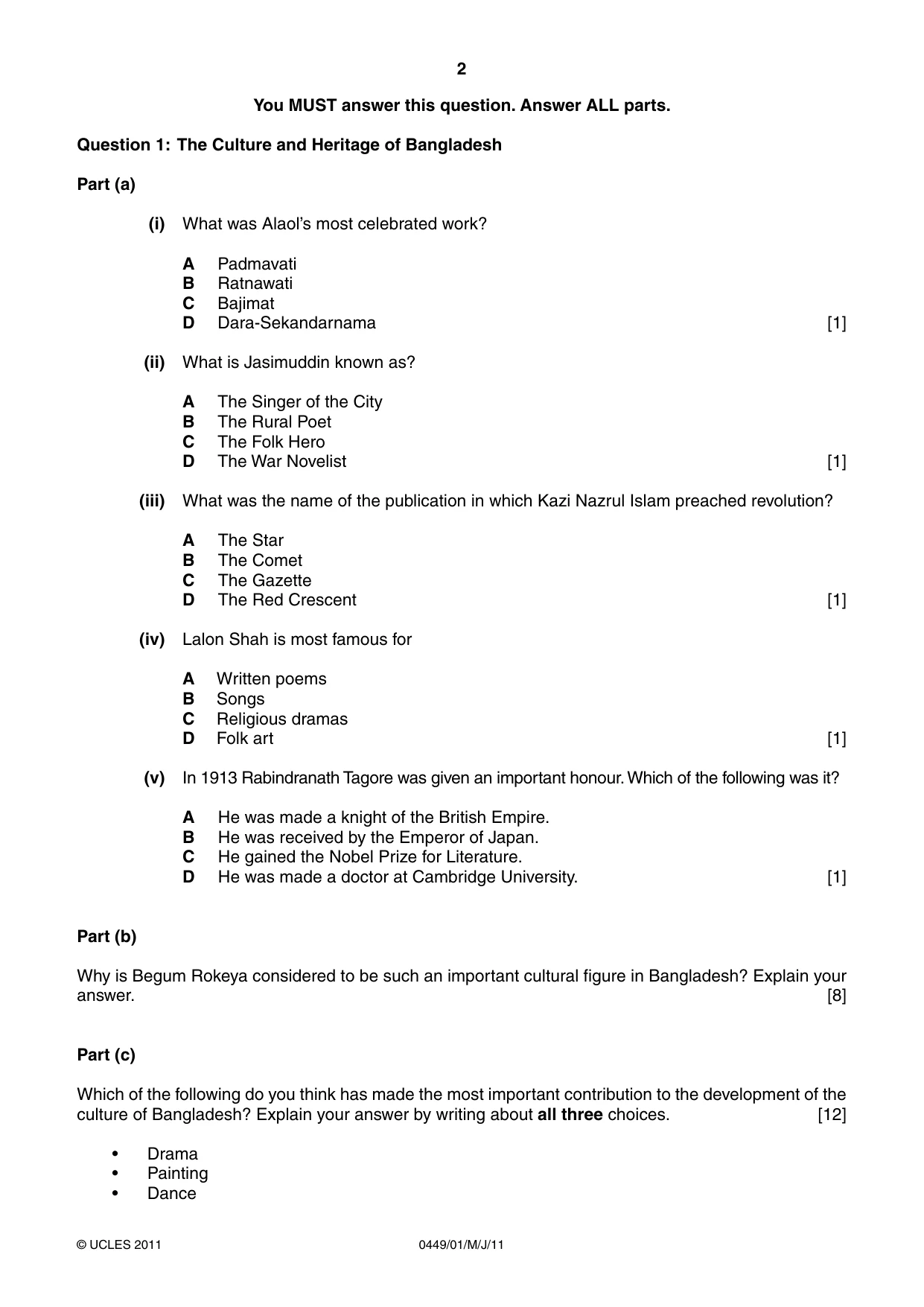 Cambridge IGCSE Bangladesh Studies 0449 2011 May/June Paper 1 · Variant 1 question paper, page 2 of 8