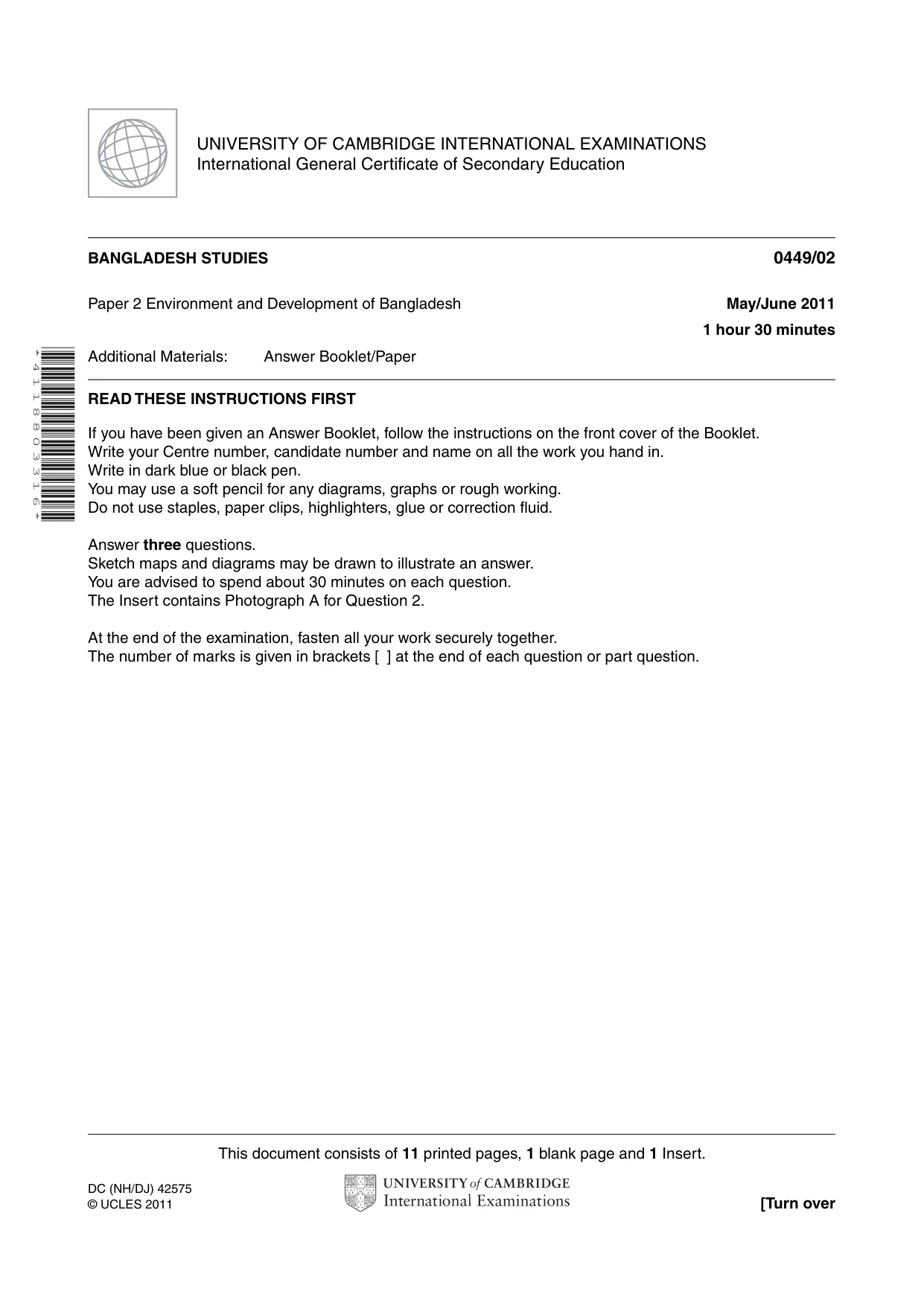 Cambridge IGCSE Bangladesh Studies 0449 2011 May/June Paper 2 · Variant 1 question paper, page 1 of 12