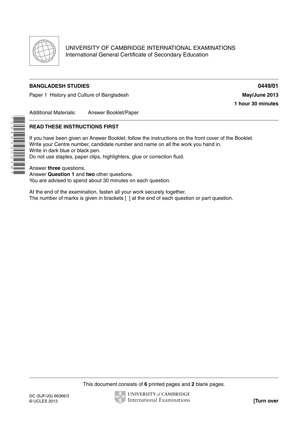 Cambridge IGCSE Bangladesh Studies 0449 2013 May/June Paper 1 · Variant 1 question paper, page 1 of 8