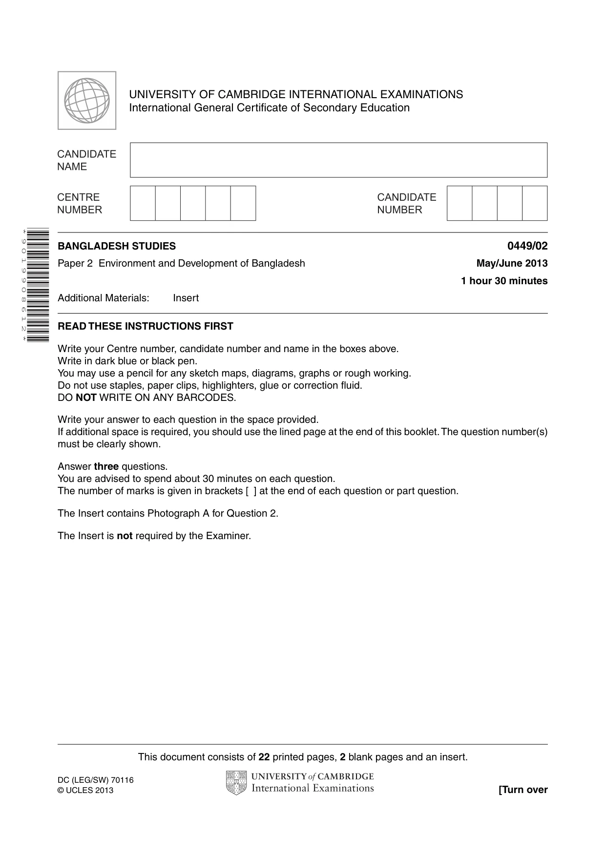 Cambridge IGCSE Bangladesh Studies 0449 2013 May/June Paper 2 · Variant 1 question paper, page 1 of 24