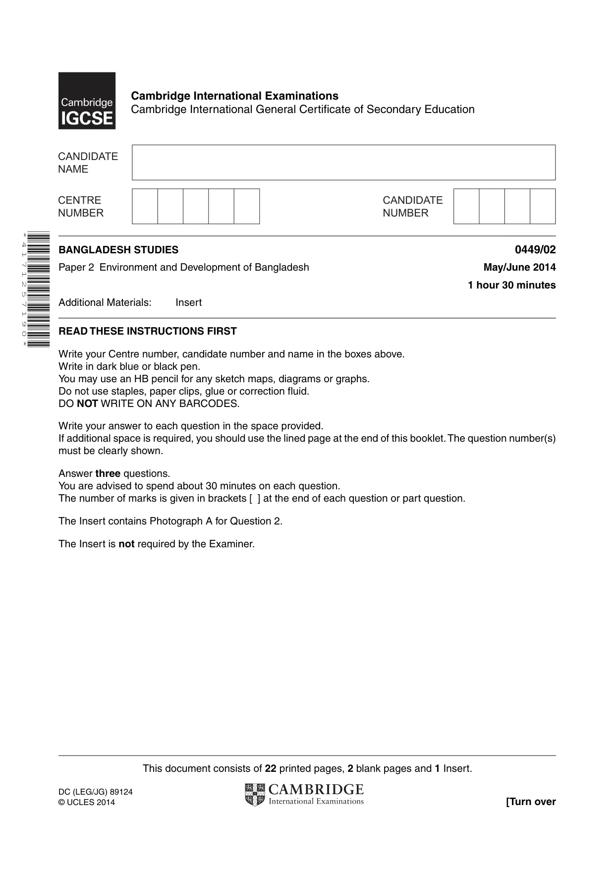 Cambridge IGCSE Bangladesh Studies 0449 2014 May/June Paper 2 · Variant 1 question paper, page 1 of 24