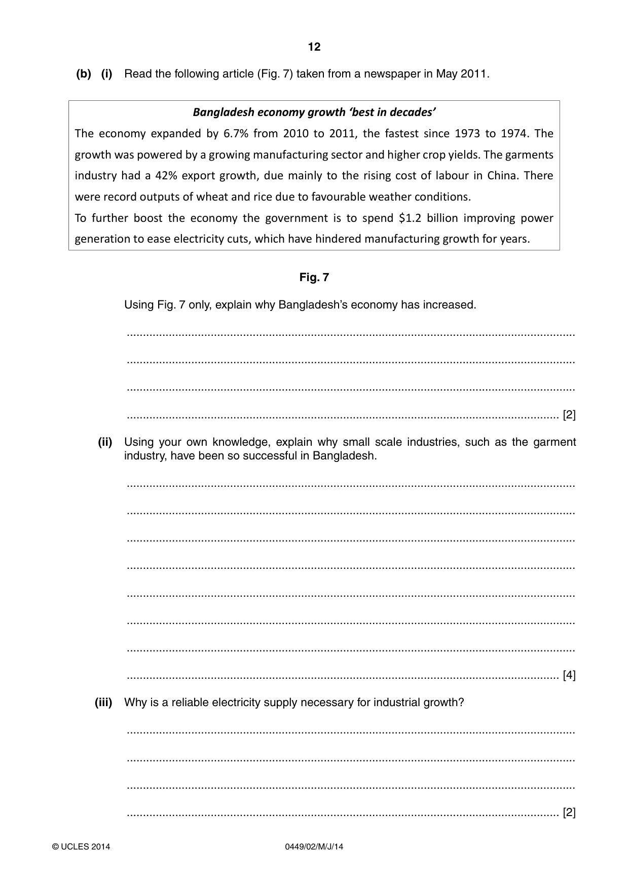 Cambridge IGCSE Bangladesh Studies 0449 2014 May/June Paper 2 · Variant 1 question paper, page 12 of 24