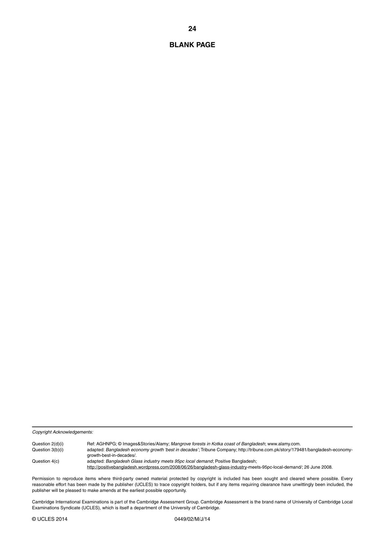 Cambridge IGCSE Bangladesh Studies 0449 2014 May/June Paper 2 · Variant 1 question paper, page 24 of 24