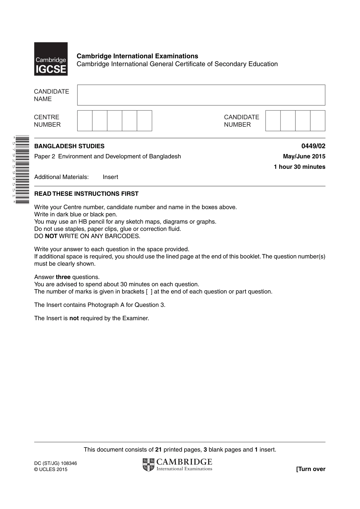 Cambridge IGCSE Bangladesh Studies 0449 2015 May/June Paper 2 · Variant 1 question paper, page 1 of 24