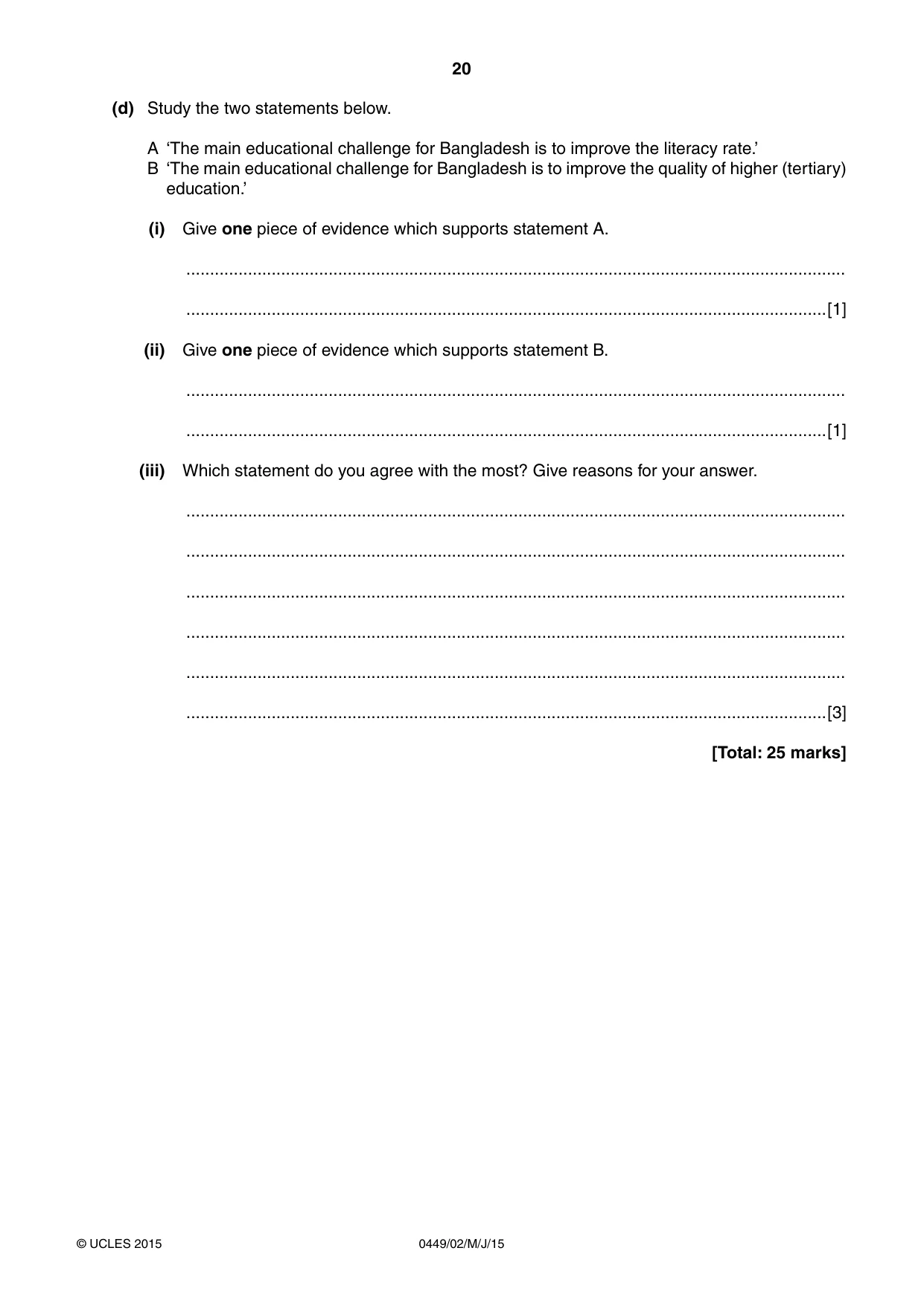 Cambridge IGCSE Bangladesh Studies 0449 2015 May/June Paper 2 · Variant 1 question paper, page 20 of 24