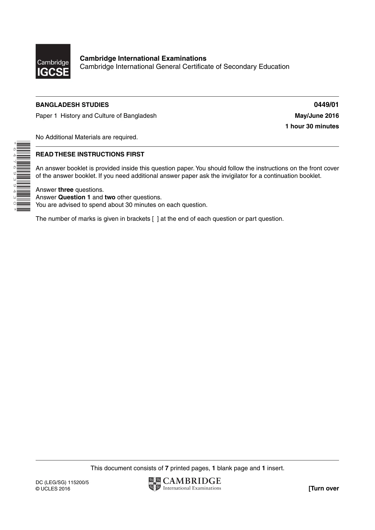 Cambridge IGCSE Bangladesh Studies 0449 2016 May/June Paper 1 · Variant 0 question paper, page 1 of 8