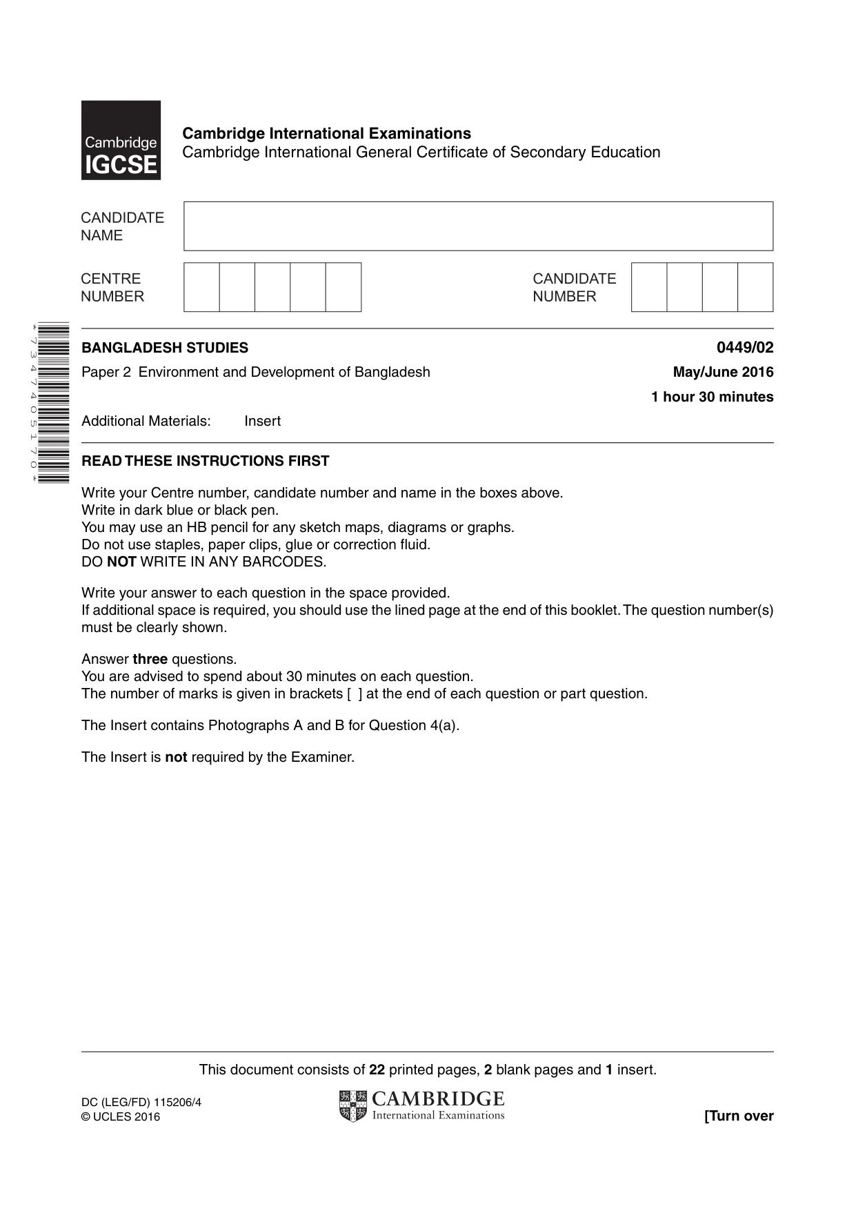 Cambridge IGCSE Bangladesh Studies 0449 2016 May/June Paper 2 · Variant 0 question paper, page 1 of 24