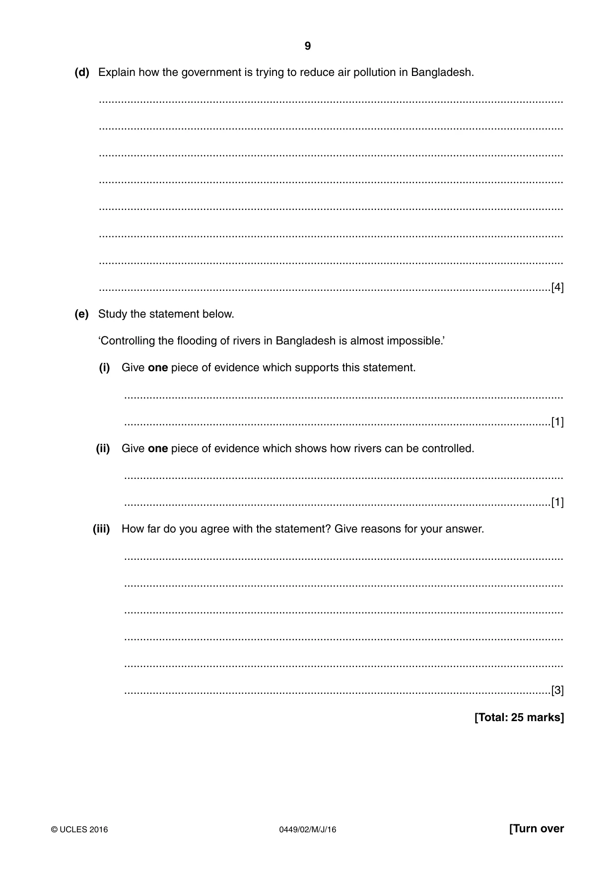 Cambridge IGCSE Bangladesh Studies 0449 2016 May/June Paper 2 · Variant 0 question paper, page 9 of 24